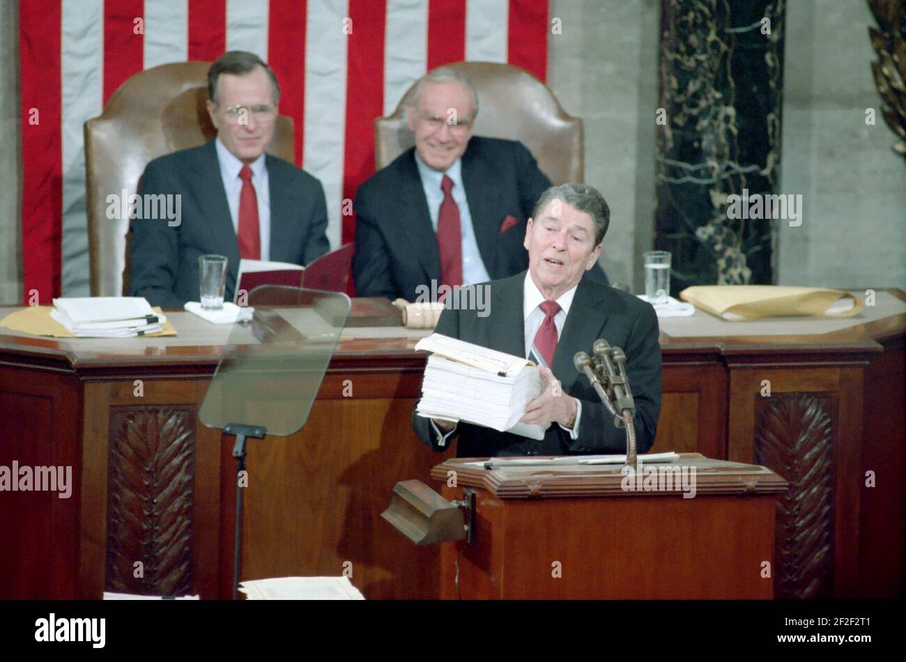 Il presidente Ronald Reagan ha detto lo Stato dell'Unione al Congresso presso il Campidoglio degli Stati Uniti. Foto Stock