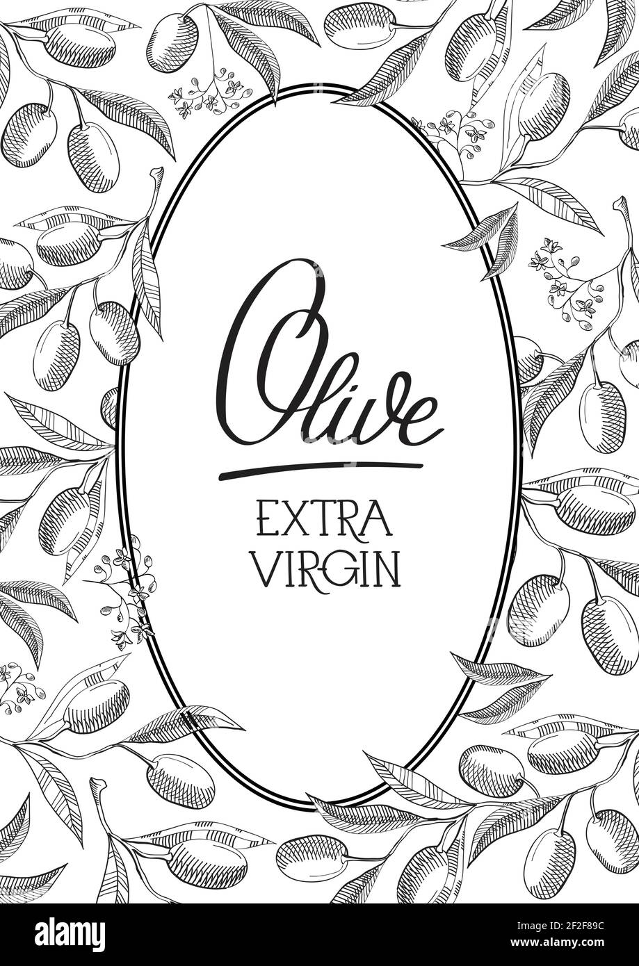 Extra vergine di oliva ovale cornice nera colorata composizione cartolina con belle fioriture, numerose olive e parola sottolineato olive doodle disegno a mano Illustrazione Vettoriale