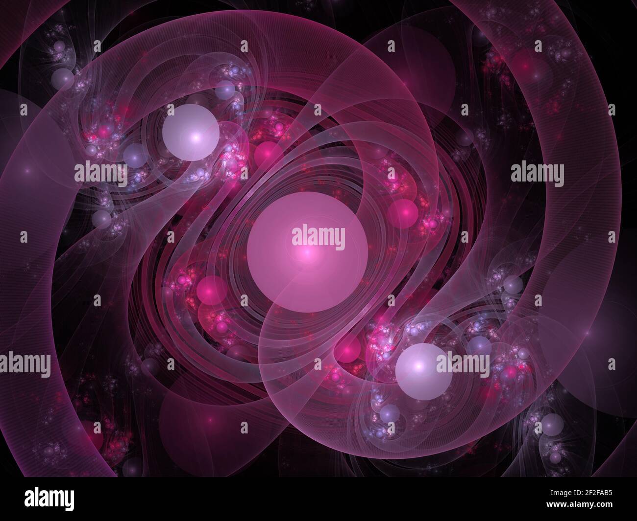Fondo astratto luminoso nastro con cerchi, ricci e fiori. Bellissimo sfondo per album, poster, opuscolo. Fractal Art - grafica digitale per c Foto Stock