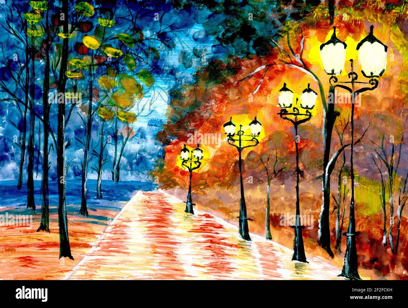 Notte autunno vicolo della città. Originale espressionismo pittura sera  parco cittadino paesaggio. Astratto blu-arancio solitario notte Park. Impressionismo. Belle Art Foto stock - Alamy