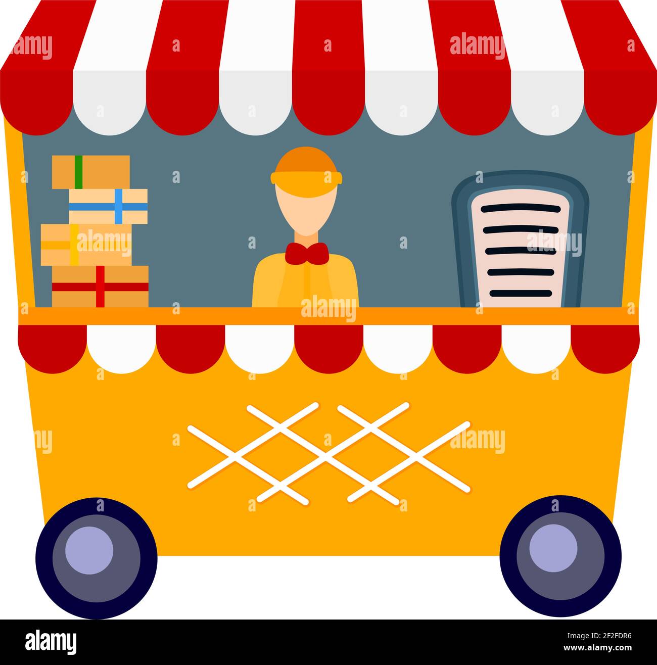 Cart colorato di cibo cartoon. Negozio di articoli da regalo con scatole e un dipendente. Illustrazione vettoriale per icone, opuscoli, poster o decorazioni del sito Illustrazione Vettoriale