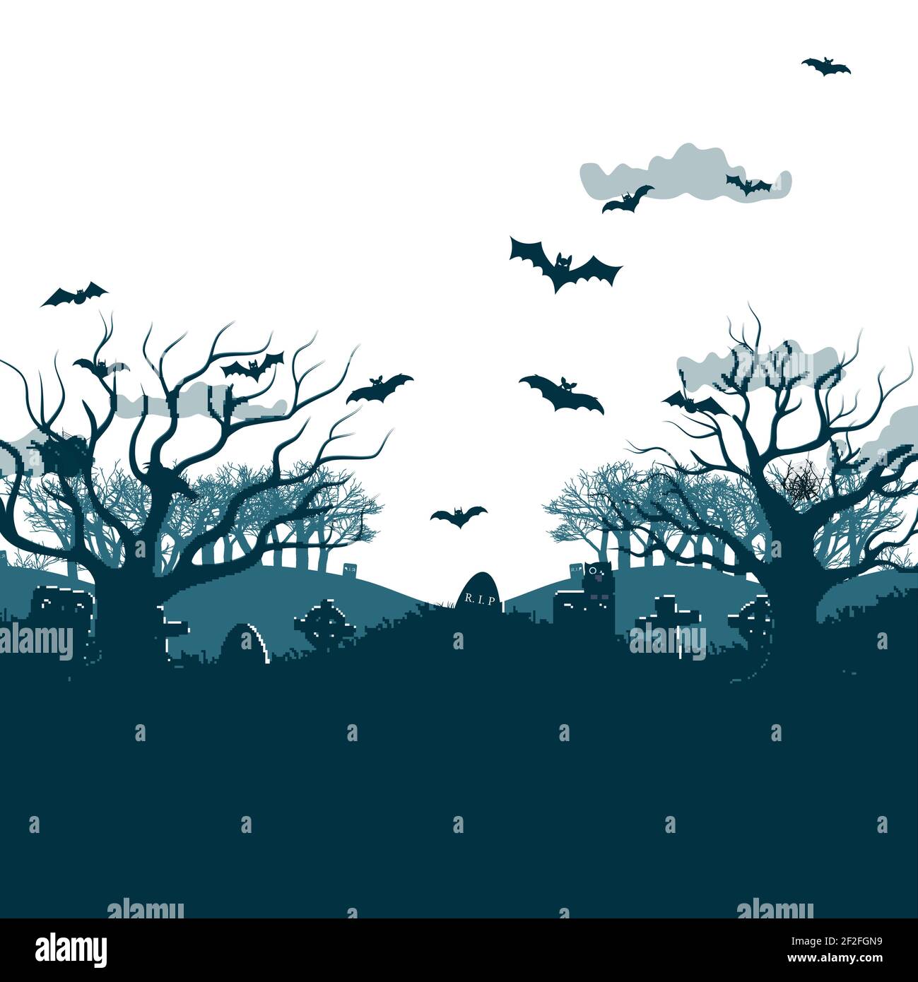 Tradizionale festa di Halloween notte poster con due alberi morti a sfondo bianco, pipistrelli battenti su tombe e croci cimitero, nuvole grigie fl Illustrazione Vettoriale