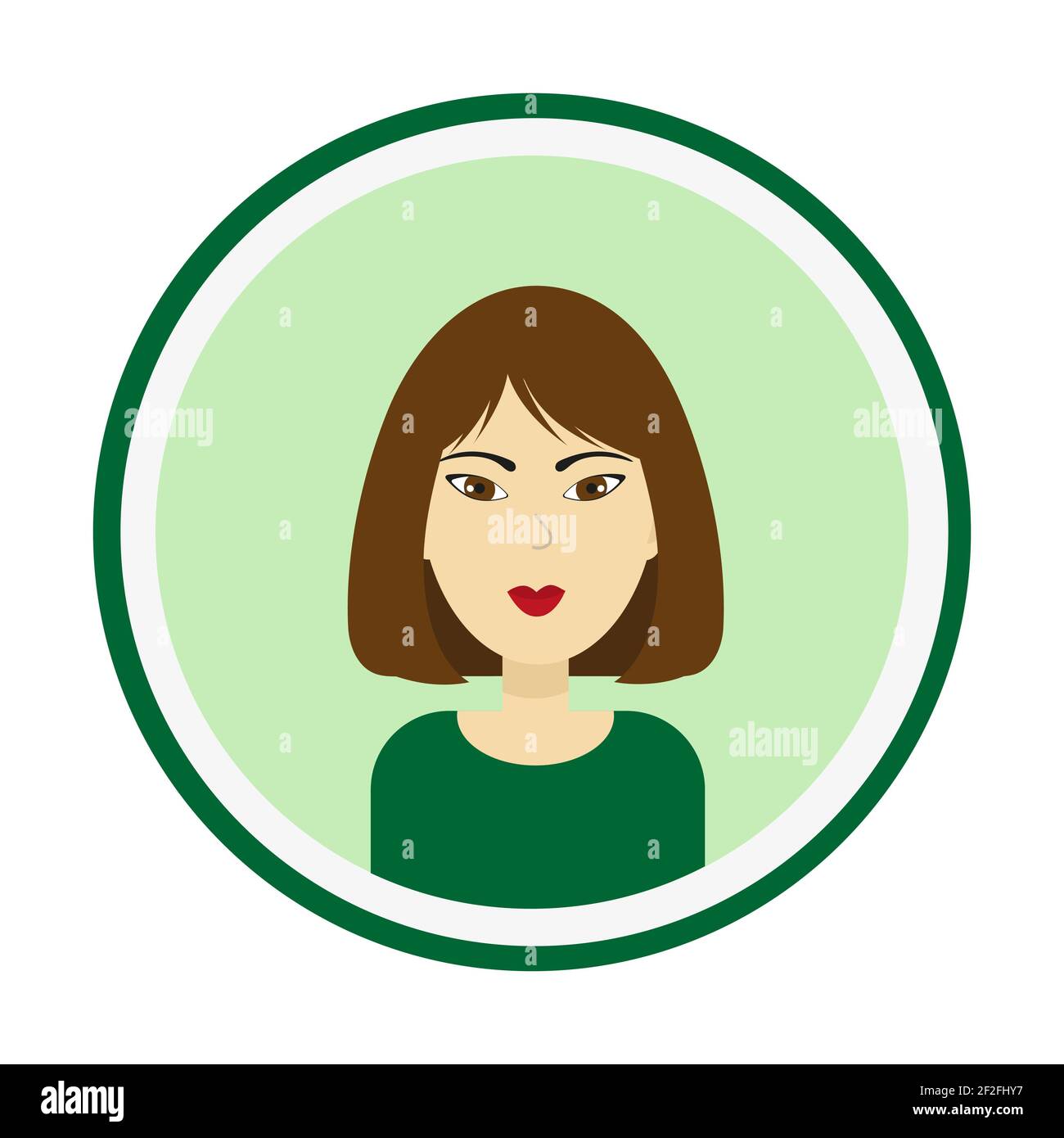 Avatar femminile. Carino ritratto donna su sfondo verde. Faccia della ragazza con i capelli marroni di lunghezza media e gli occhi marroni. Illustrazione vettoriale isolata. Illustrazione Vettoriale