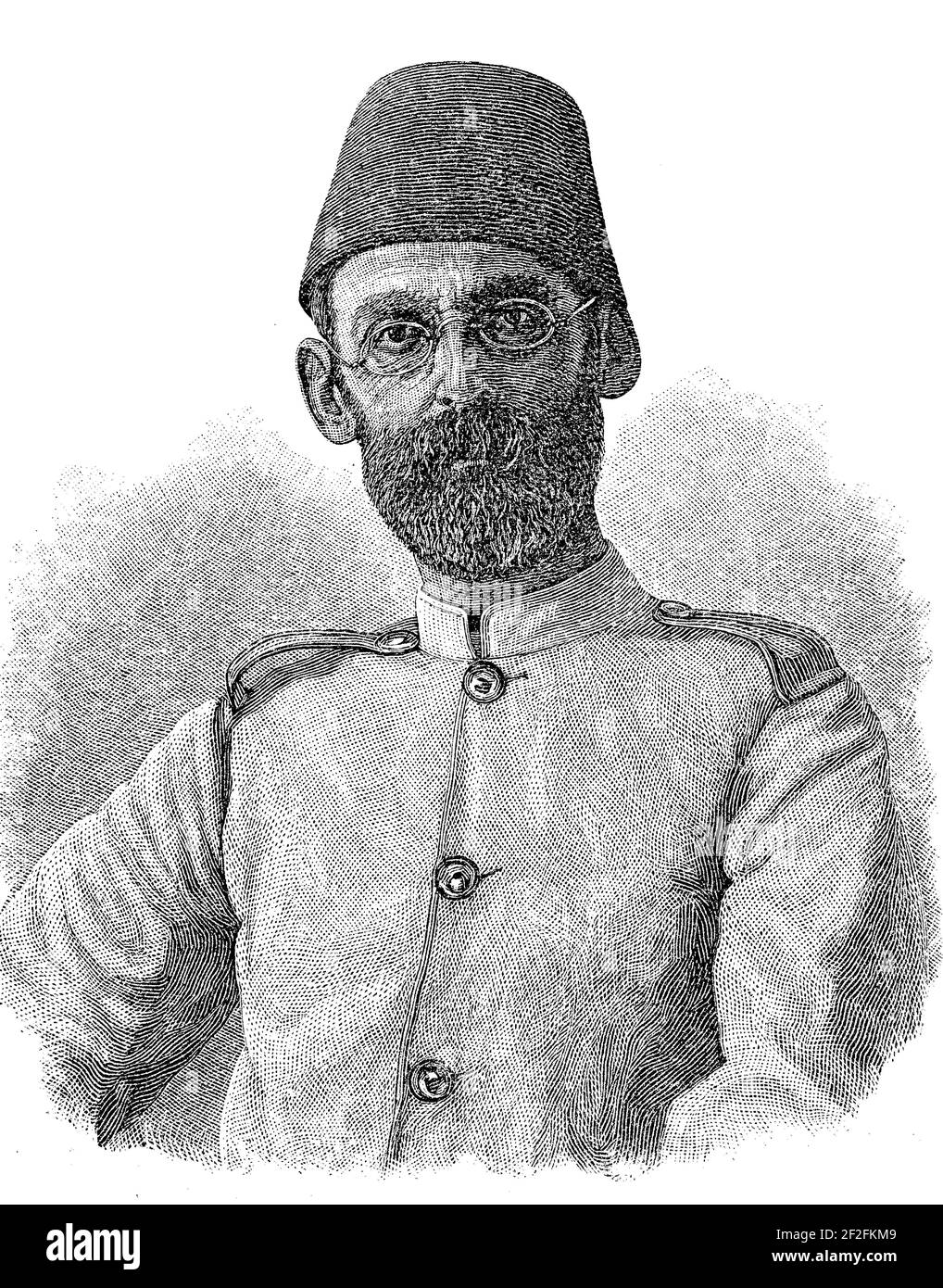 Eduard Karl Oskar Theodor Schnitzer, noto come Emin Pasha, 28 marzo 1840 - 23 ottobre 1892, è stato un esploratore africano e governatore della provincia di Equatoria nel Sudan turco-egiziano/Eduard Karl Oskar Theodor Schnitzer, bekannt als Emin Pascha, 28. März 1840 - 23. Oktober 1892, war ein Afrikaforscher sowie Gouverneur der Provinz Äquatoria im Türkisch-Ägyptischen Sudan, Historisch, storico, digitale riproduzione migliorata di un originale del 19 ° secolo / digitale Reproduktion einer Originalvollage aus dem 19. Jahrhundert, Foto Stock