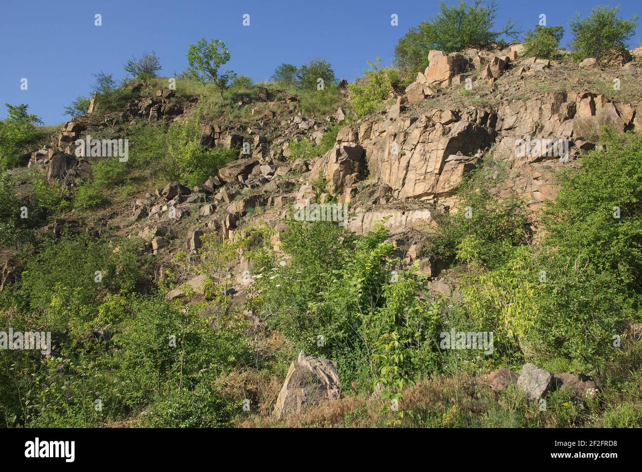 Un pendio roccioso di una cava di granito abbandonata nella regione di Nikolaev in Ucraina in una calda giornata estiva. Pietre affilate sopravite con vegetazione sparsa. Blu Foto Stock