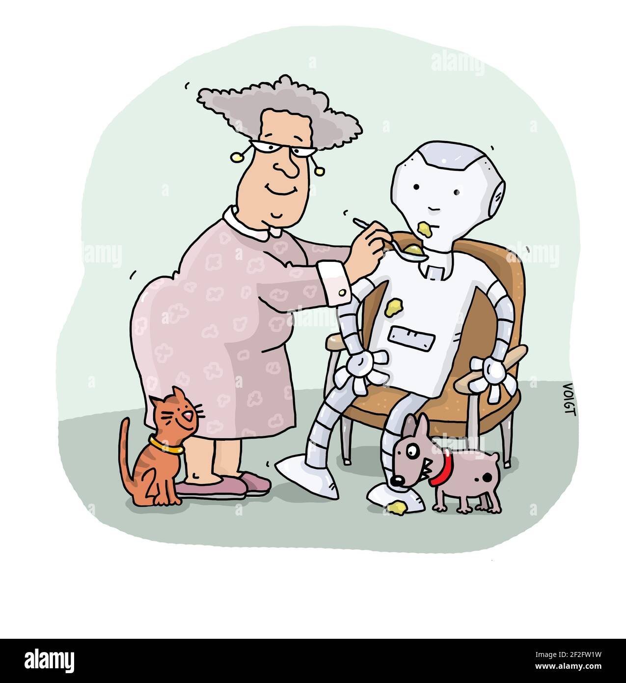 Una vecchia signora alimenta felicemente il suo robot di cura Foto Stock