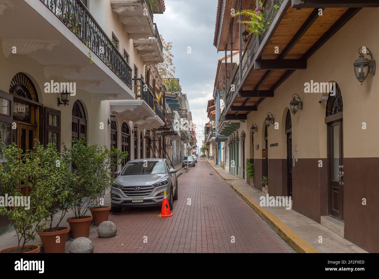 Facciate di edifici nel centro storico, casco Viejo, Panama City Foto Stock