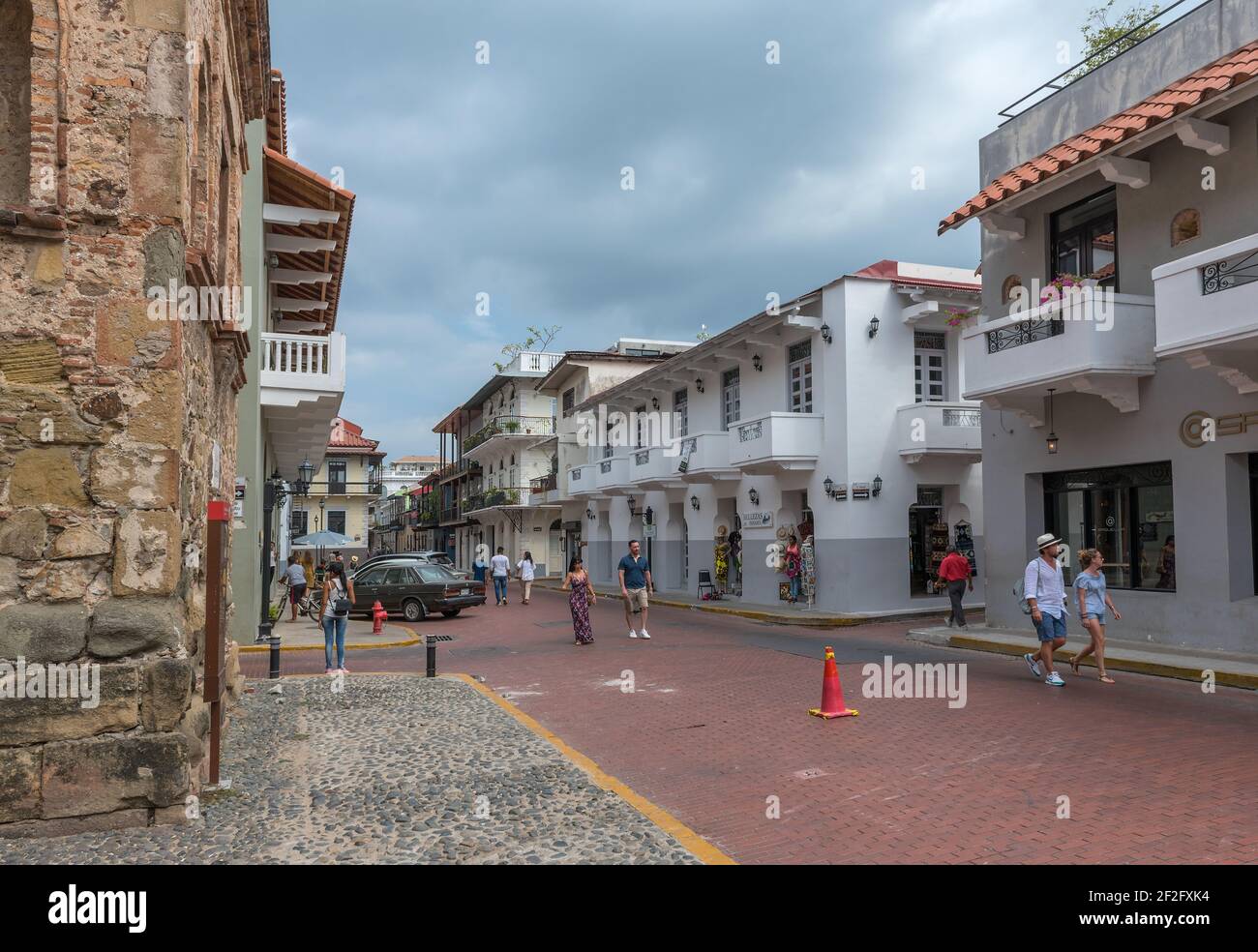 Facciate di edifici nel centro storico, casco Viejo, Panama City Foto Stock