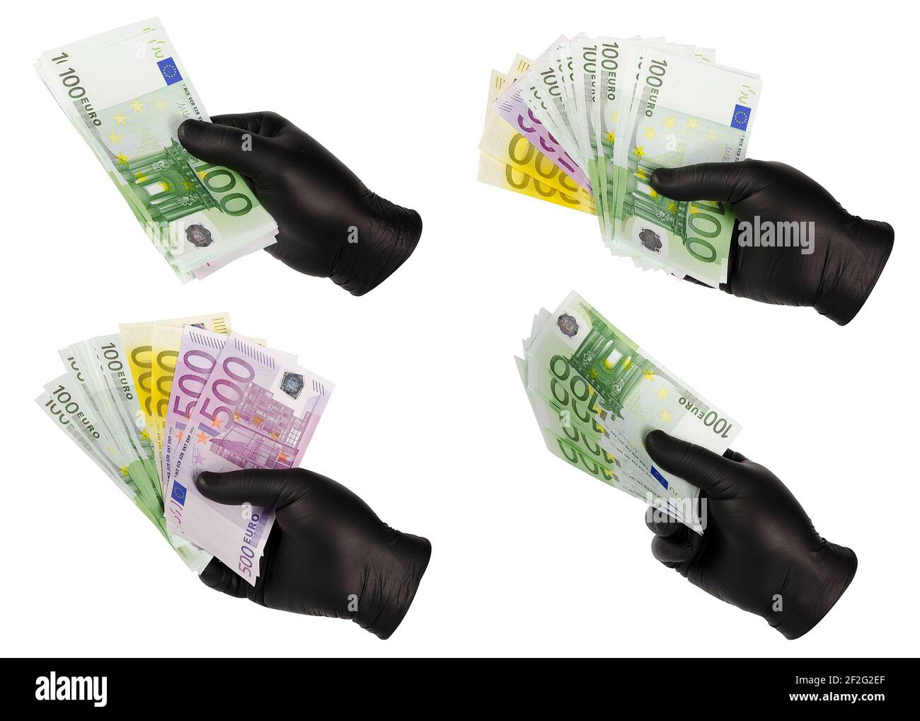 mettere le mani in guanti neri tenere bollette euro Foto Stock