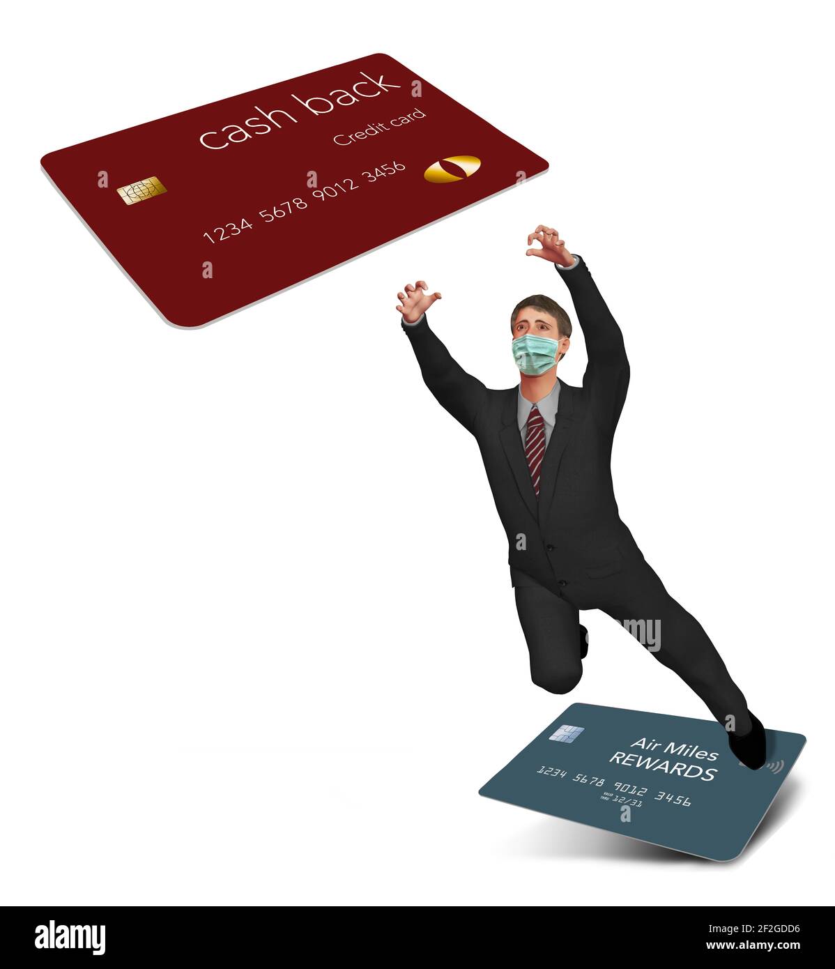 Un uomo è visto fare il salto per passare da una carta di credito Air Miles ricompensa a una carta Cash BACK Rewards. Questa illustrazione 3D si riferisce ai pandemi Foto Stock