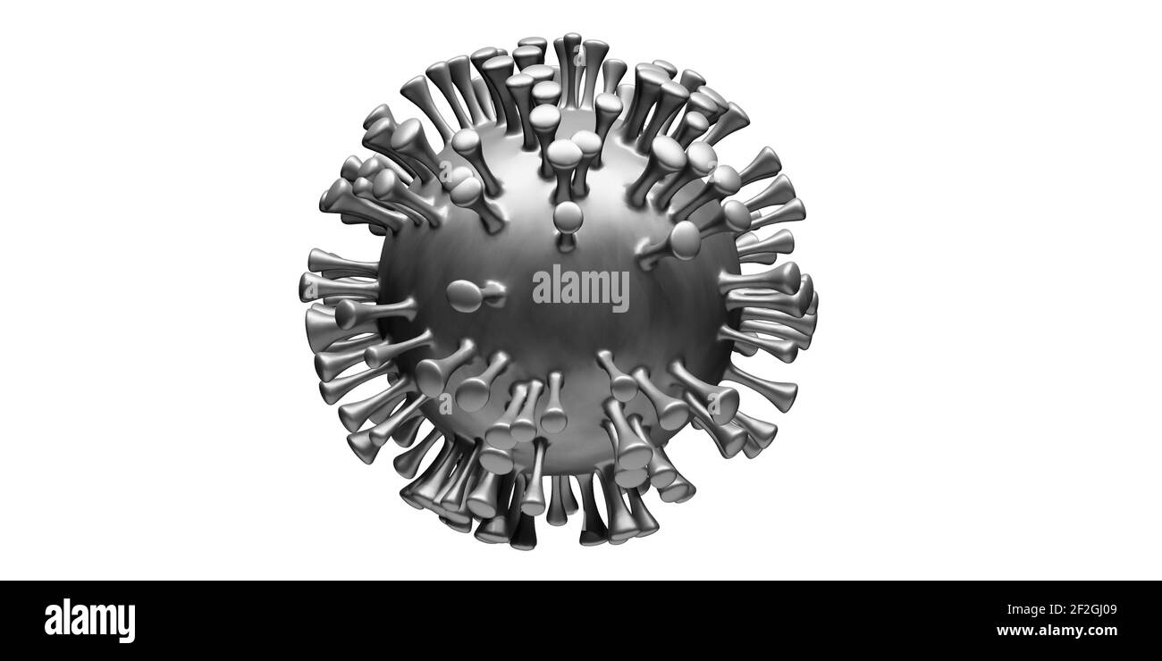 Covid-19 cellule di Coronavirus isolate su sfondo bianco, cellule 3D, illustrazione del modello, pandemia globale di Corona Virus, concetto di consapevolezza, primo piano Foto Stock