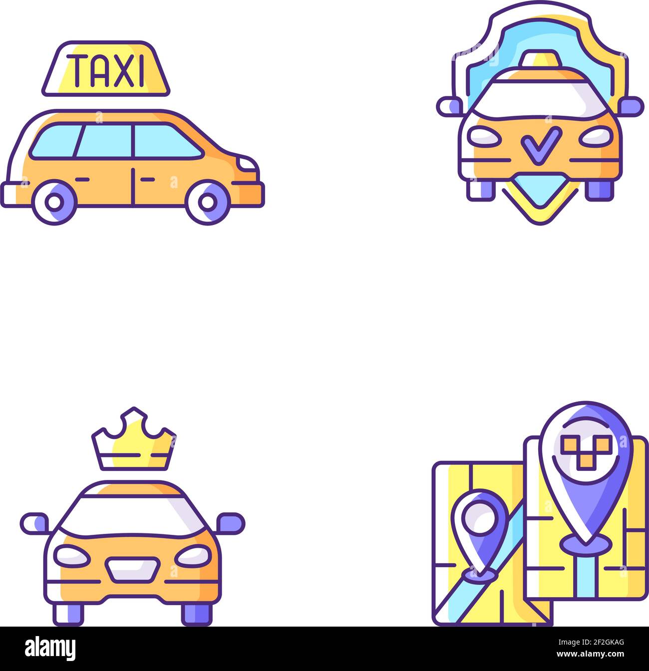 Moderno servizio taxi, set di icone a colori RGB Illustrazione Vettoriale