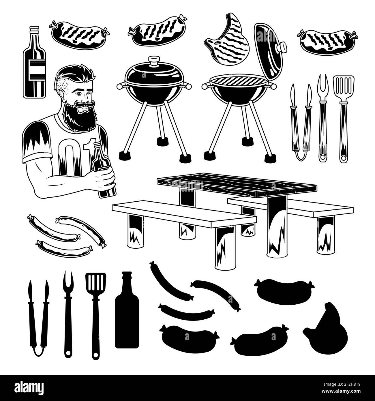 Barbecue, set di icone barbecue. Collezione di utensili per grigliare. Illustrazione vettoriale disegnata a mano. Per menu, steak house, festival del cibo di strada, bar, caffè, volantino, logo Illustrazione Vettoriale