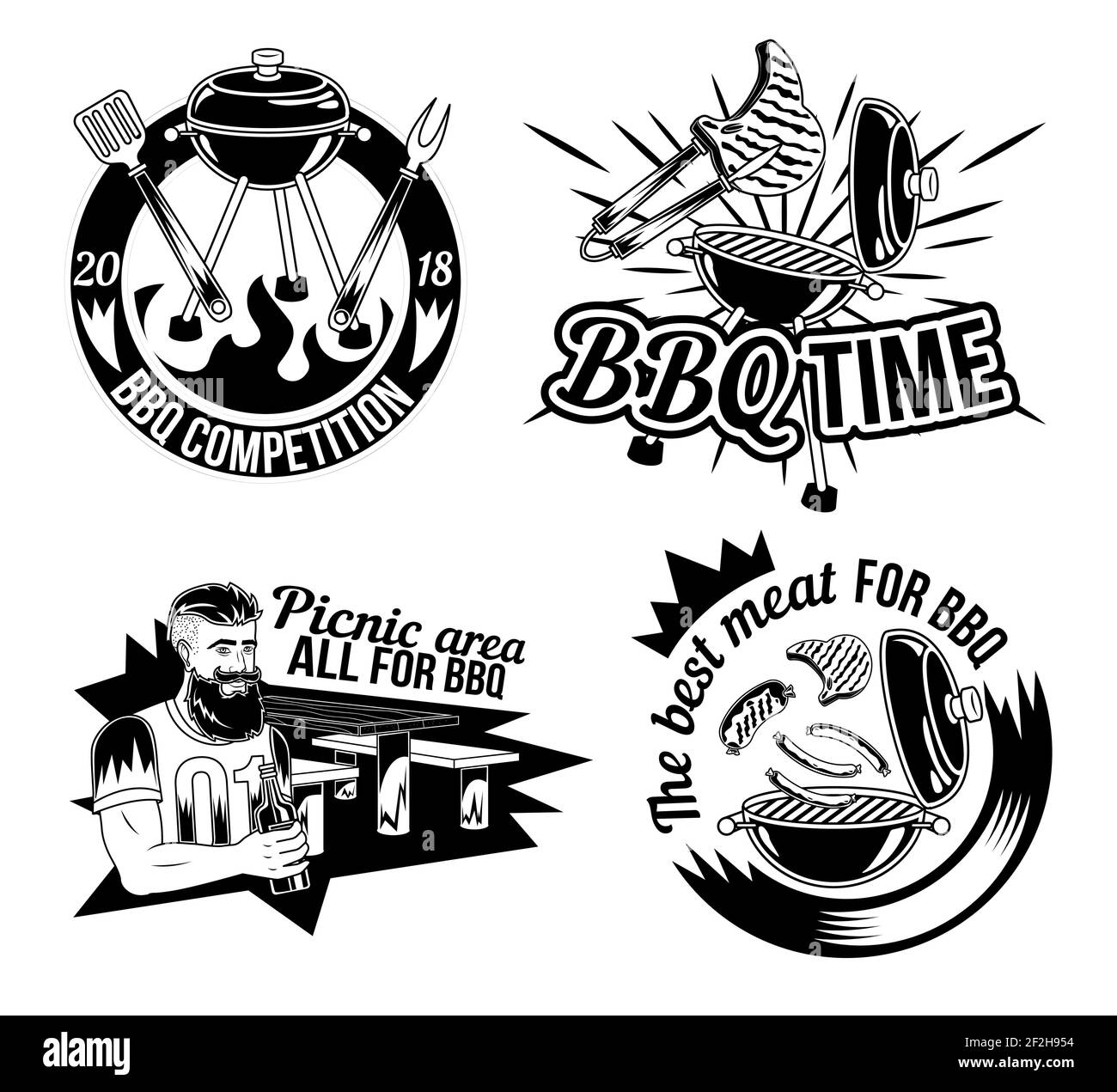 La carne migliore per barbecue. Collezione di utensili per grigliare. Illustrazione vettoriale disegnata a mano. Per menu, steak house, festival del cibo di strada, bar, caffè, volantino, logo, Illustrazione Vettoriale