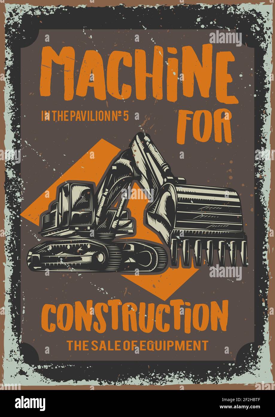 Poster con illustrazione di macchinari per l'ingrossamento su sfondo polveroso. Illustrazione Vettoriale