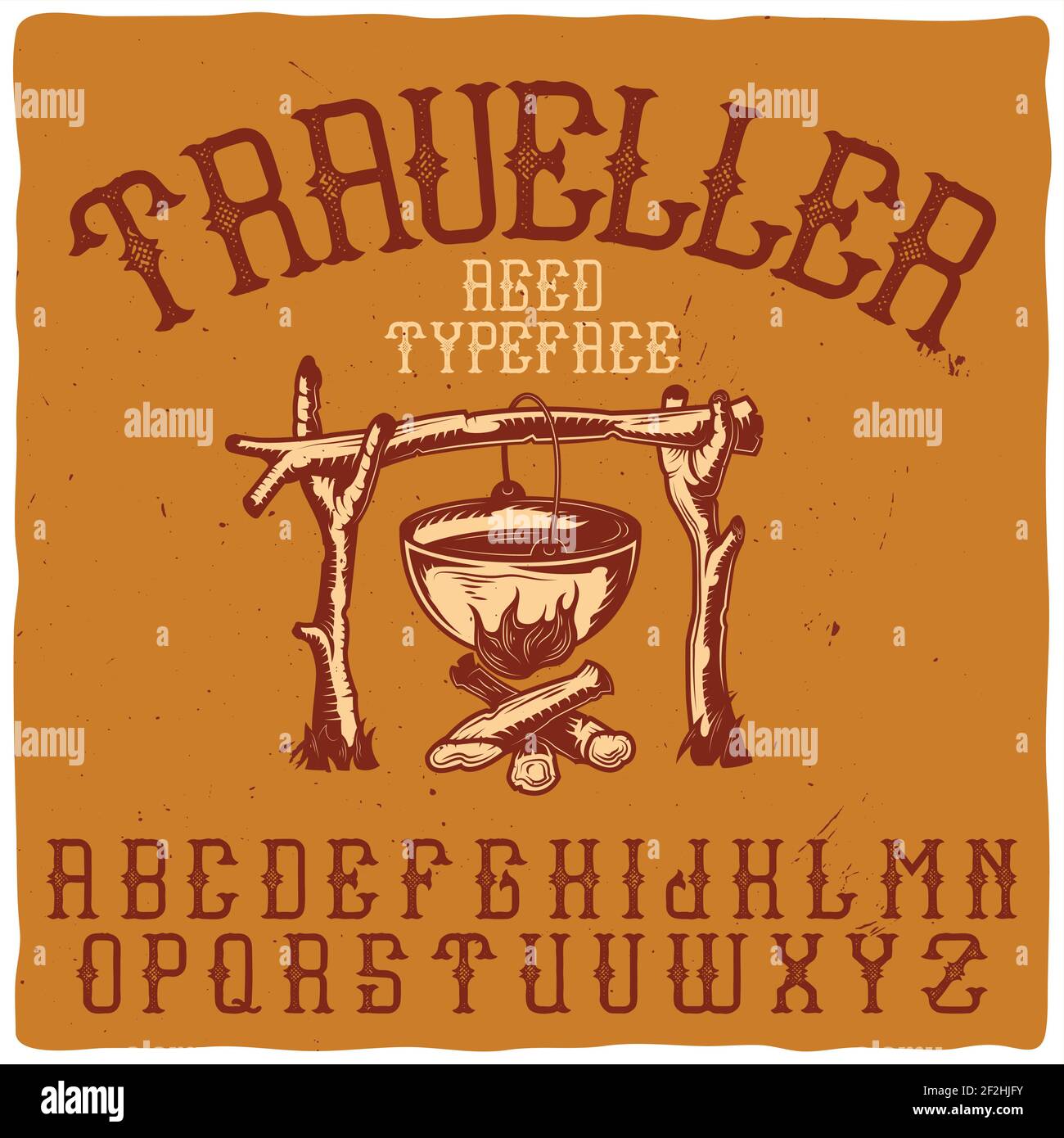 Il carattere d'etichetta vintage chiamato 'Traveller' con l'illustrazione di un falò. Buon carattere artigianale per qualsiasi design di etichette. Illustrazione Vettoriale