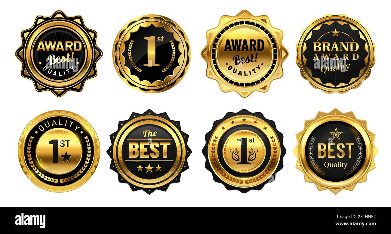 Distintivi vincitori d'oro. Francobollo di qualità oro retrò, esclusivo badge circolare e premio araldico. Trofeo premio del concorso sportivo, badge Gold Victory. Isolare Foto Stock