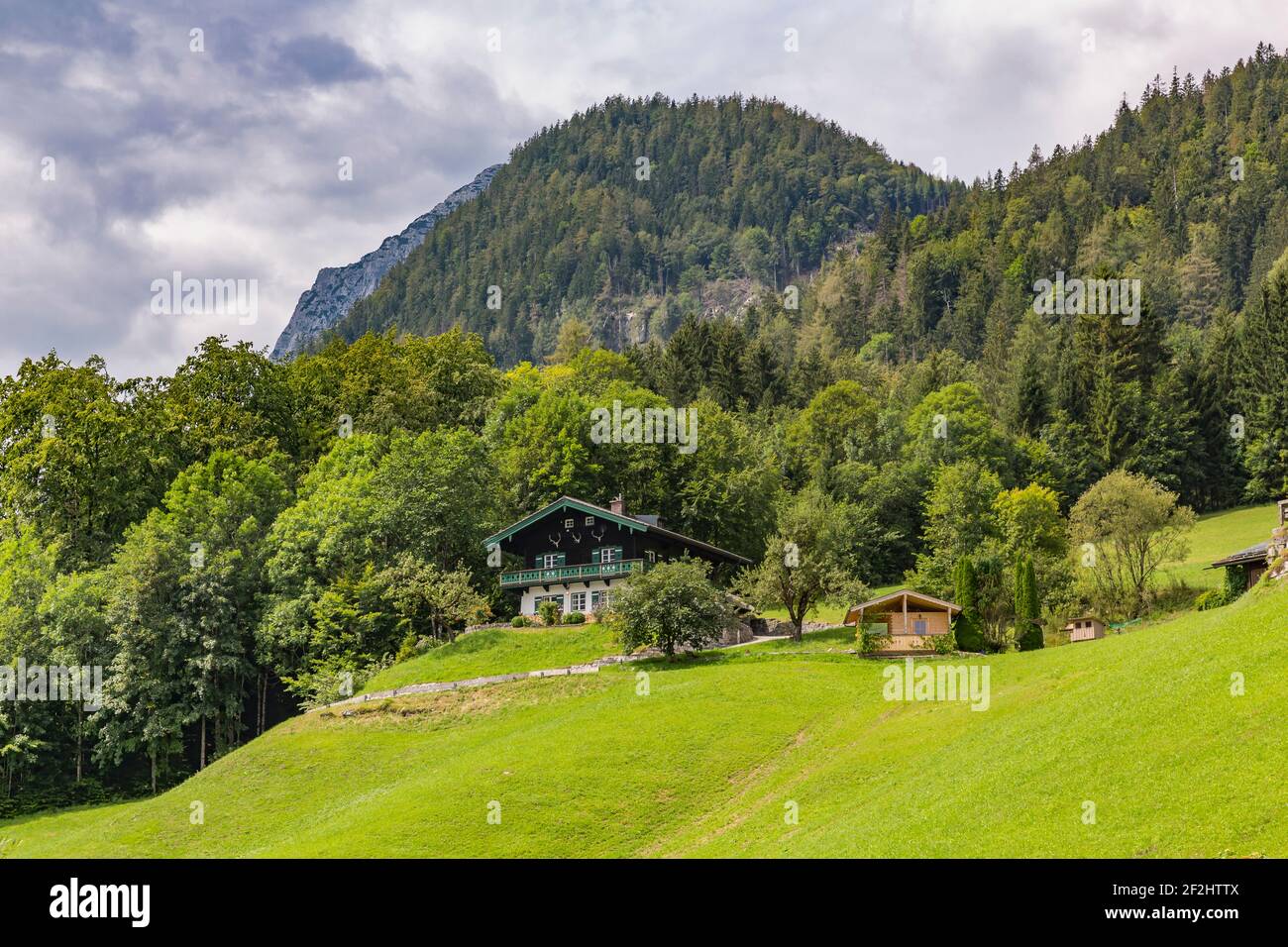 Pensioni a Hintersee, Ramsau, Berchtesgaden, Alpi Berchtesgaden, Parco Nazionale Berchtesgaden, Berchtesgadener Land, alta Baviera, Baviera, Germania, Europa Foto Stock