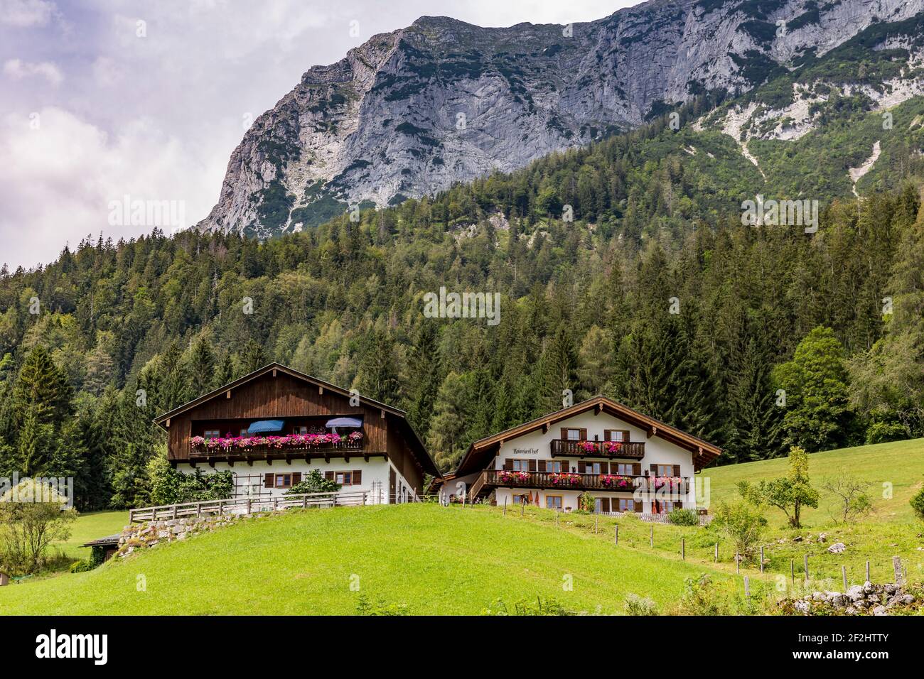 Pensioni a Hintersee, Ramsau, Berchtesgaden, Alpi Berchtesgaden, Parco Nazionale Berchtesgaden, Berchtesgadener Land, alta Baviera, Baviera, Germania, Europa Foto Stock