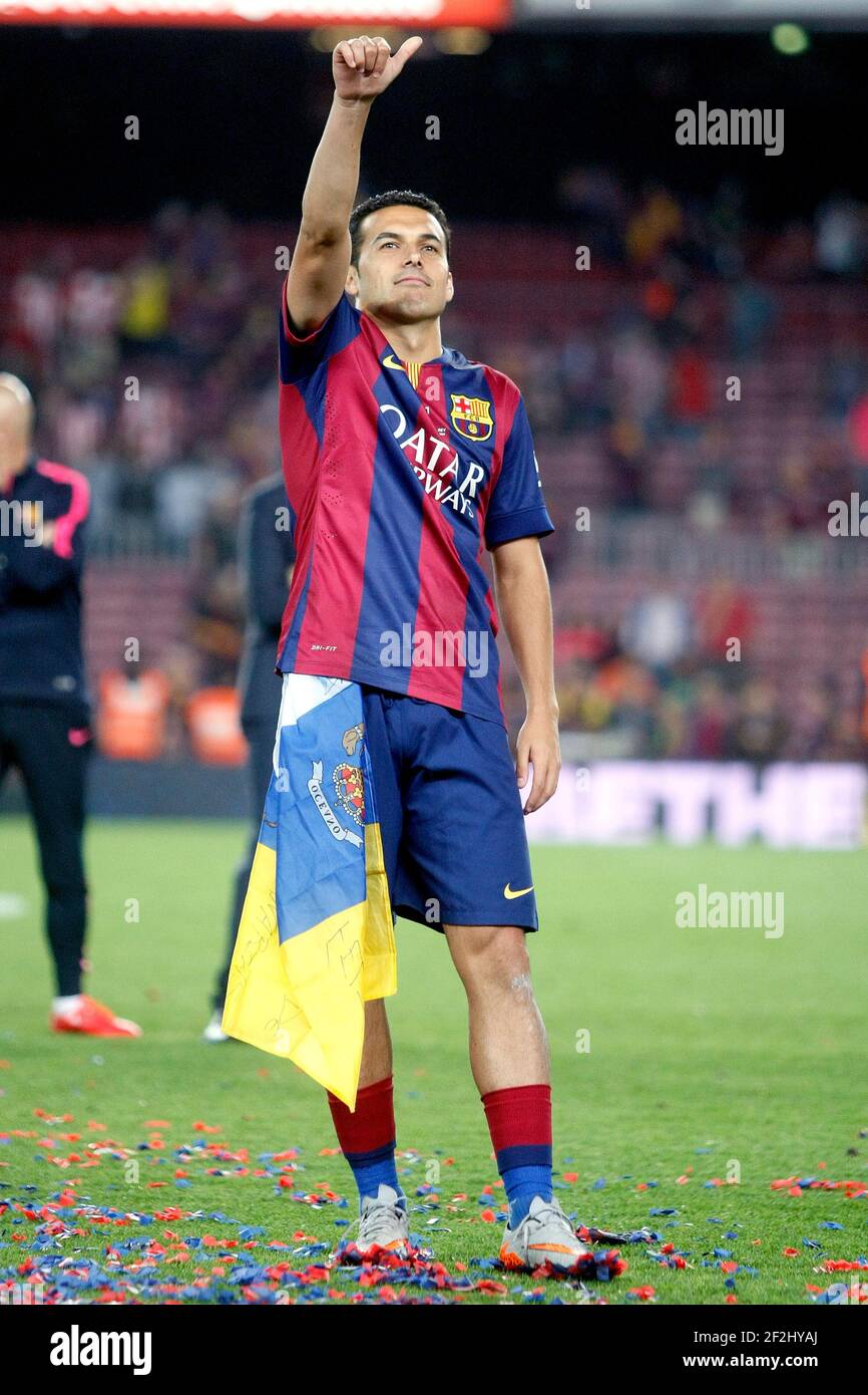 Pedro rodriguez di Barcellona festeggia con suo figlio la vittoria durante la partita di calcio spagnola Copa del Rey 2014/2015 (finale) tra il club atletico e Barcellona il 30 maggio 2015 al campo Nou di Barcellona, Spagna. Foto Bagu Blanco / DPPI Foto Stock