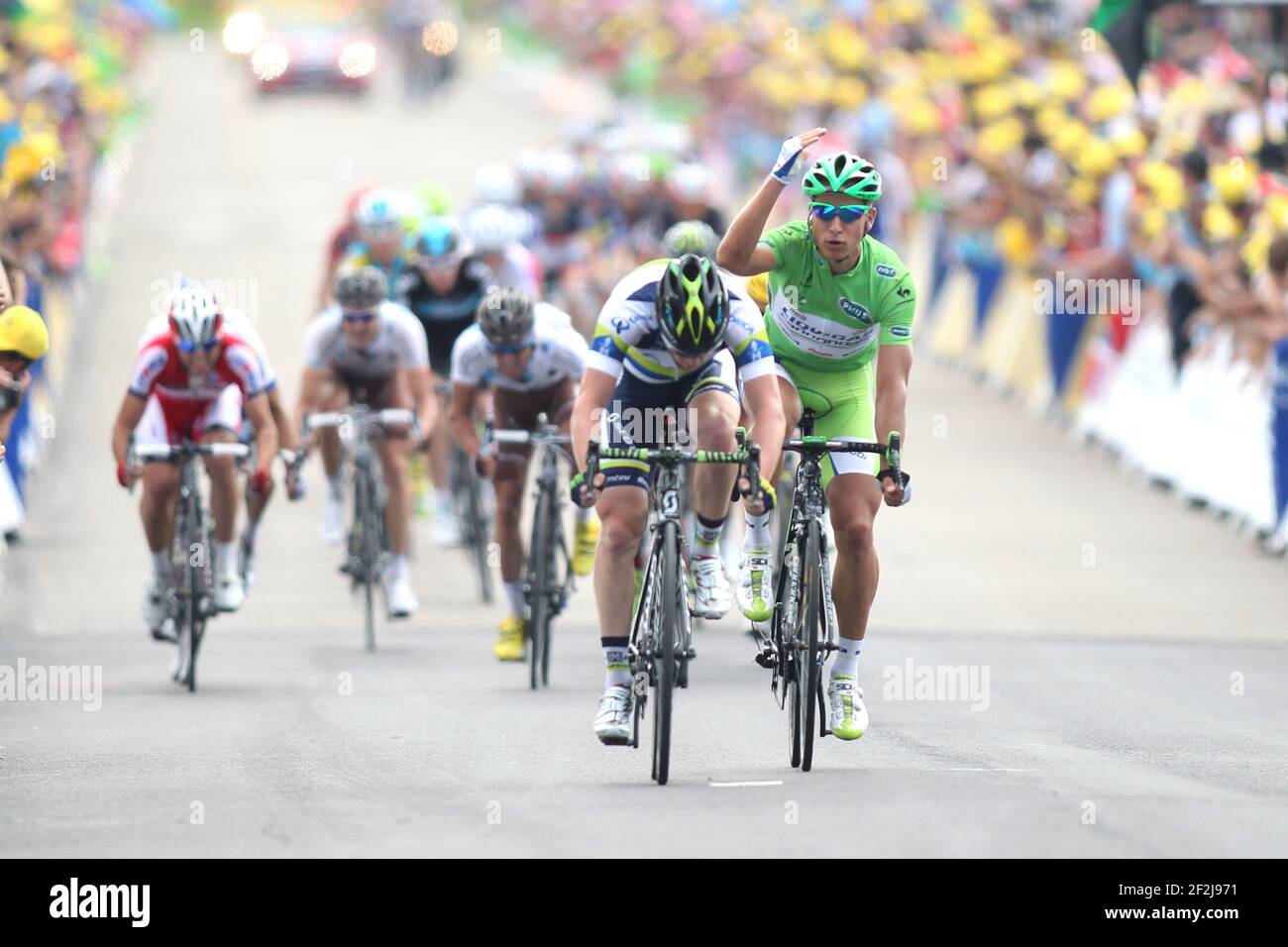 CICLISMO - TOUR DE FRANCE 2012 - TAPPA 12 - Saint Jean de Maurienne > Annonay Davezieux (220 km) - 13/07/2012 - FOTO MANUEL BLONDAU / DPPI - ORICA GREENEDGE TEAMRIDER MATTHEW GOSS OF AUSTRALIA (CENTRO) E LIQUIGAS CANNONDALE TEAMRIDER PETER SAGAN DELLA SLOVACCHIA (MAGLIA VERDE) Foto Stock