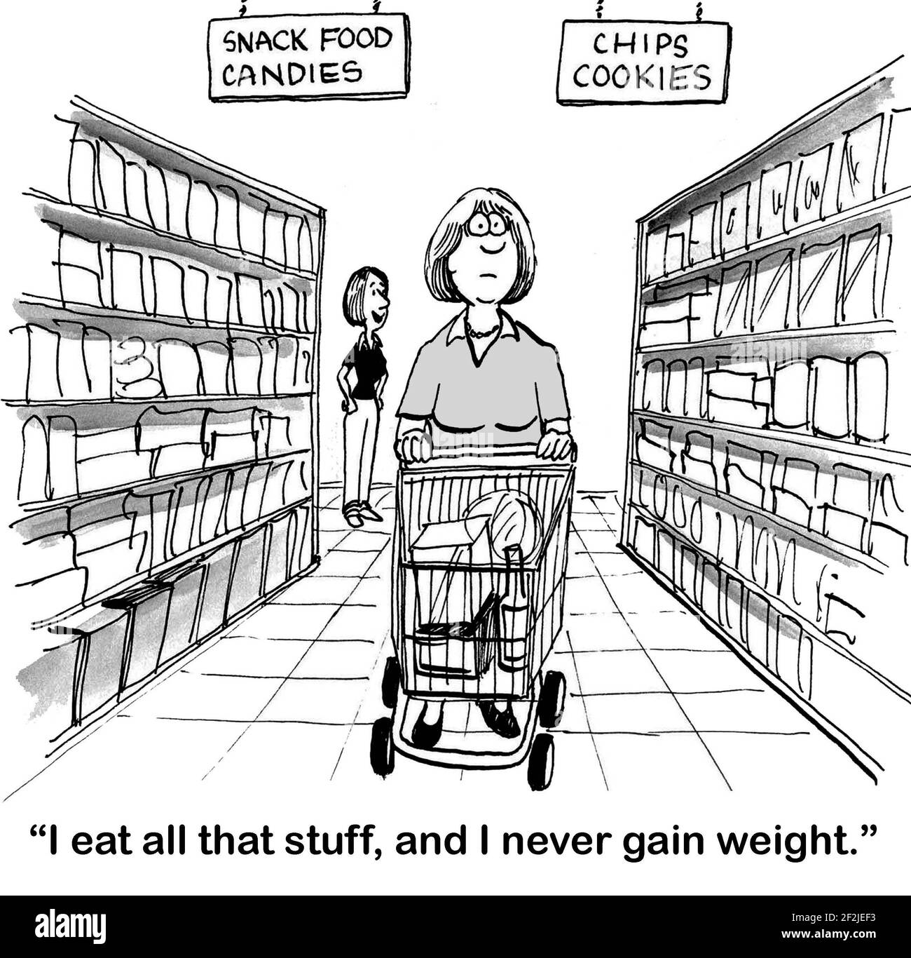 La donna acquirente è detto che può mangiare cibo spazzatura e non guadagnare peso. Foto Stock