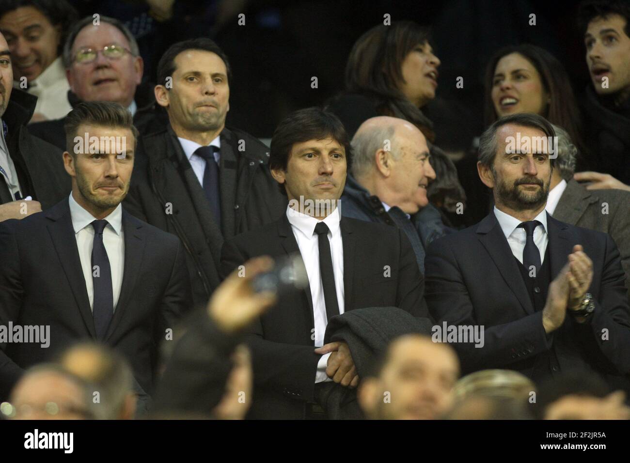 CALCIO - UEFA CHAMPIONS LEAGUE 2012/2013 - 1/8 FINALE - PRIMA TAPPA - VALENCIA CF V PARIS SAINT GERMAIN - 12/02/2013 - FOTO MANUEL BLONDAU / AOP PRESS / DPPI - DAVID BECKHAM - LEONARDO - JEAN CLAUDE BLANC Foto Stock