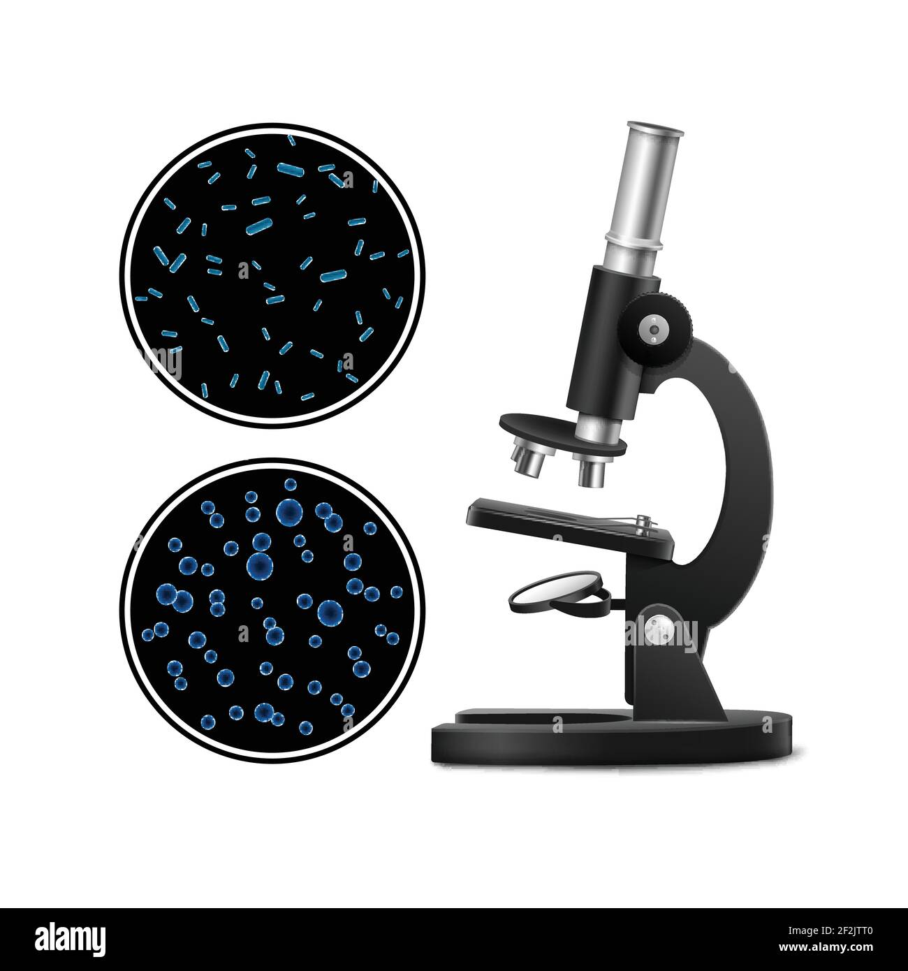 Microscopio ottico Vector in metallo nero con capsula di Petri e batterico colonie isolate sullo sfondo Illustrazione Vettoriale