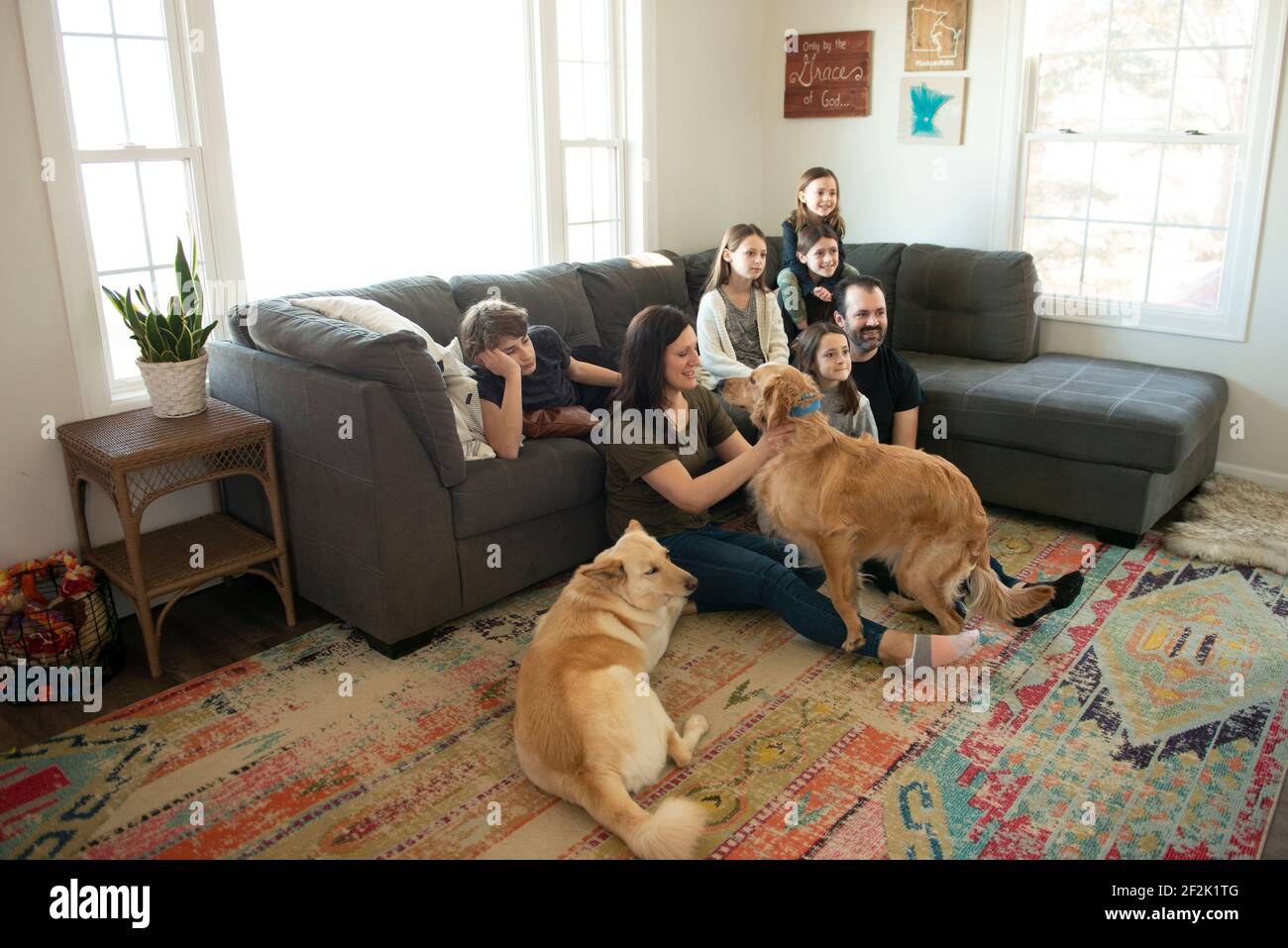 Famiglia di sette persone che guardano la televisione nel soggiorno con i cani. Foto Stock