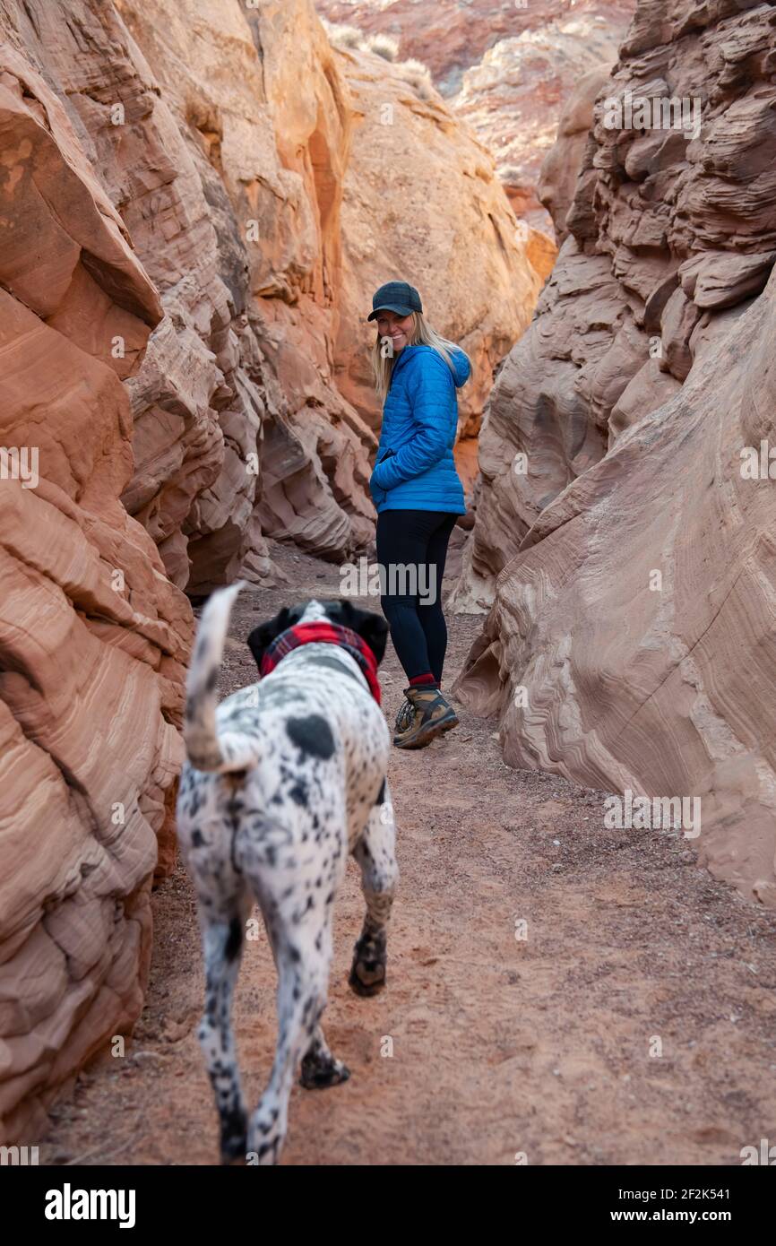 Donna escursioni con il cane durante la vacanza Foto Stock