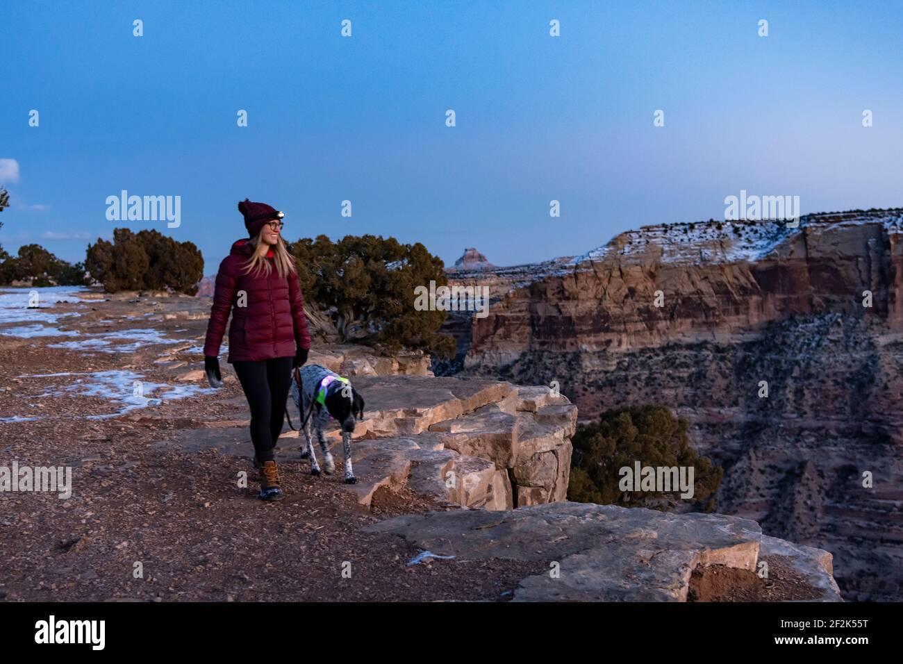 Donna trekking con il cane contro cielo chiaro durante la vacanza Foto Stock