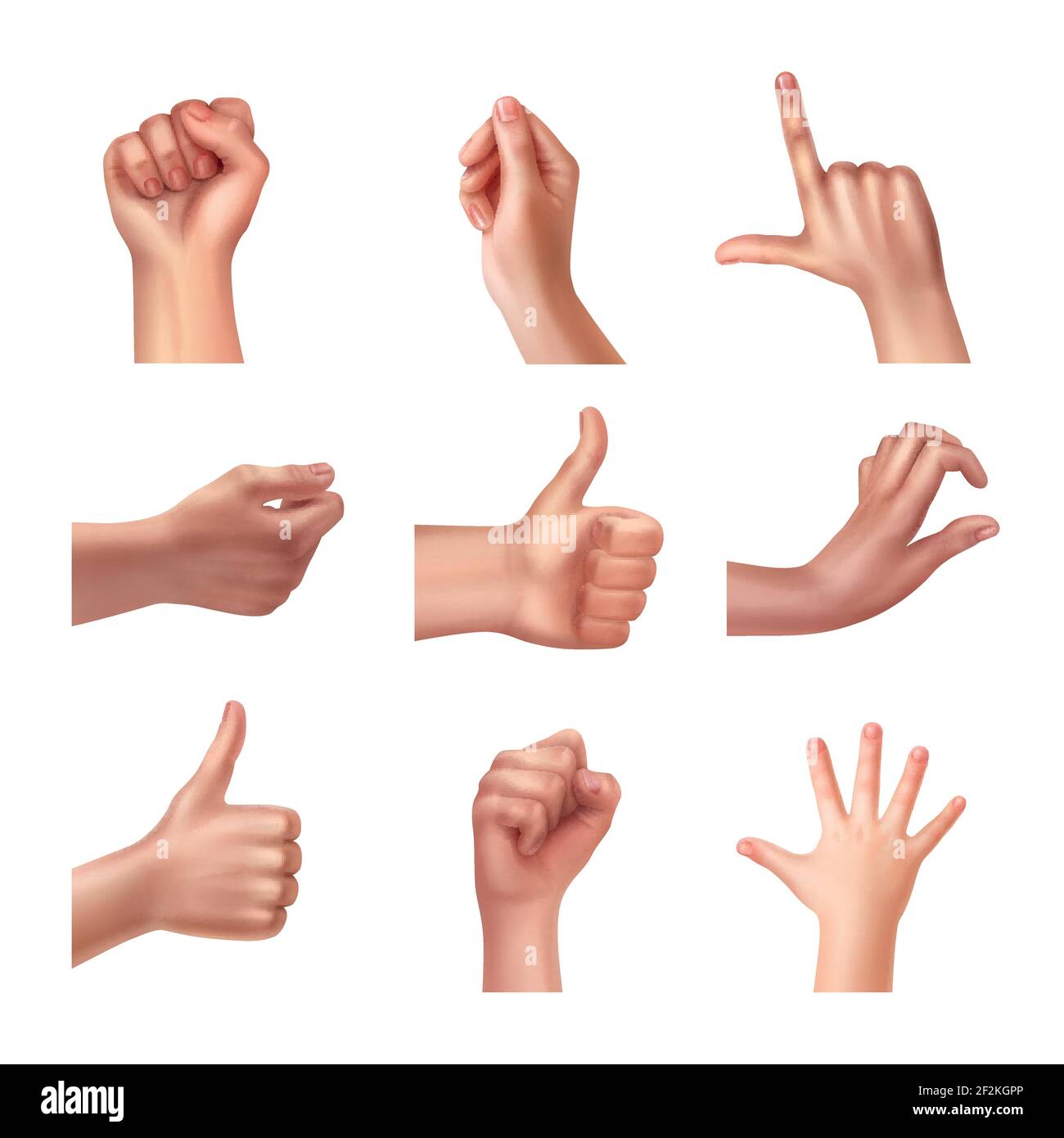 Insieme di mani in diversi gesti, emozioni e segni su sfondo bianco Illustrazione Vettoriale