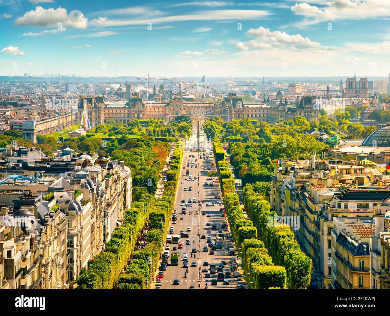 Vista su Avenue des Champs Elysees da Arc de Triomphe a Parigi, Francia Foto Stock