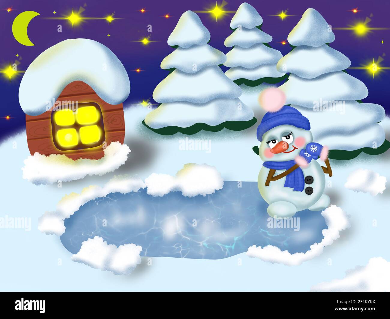 Il pupazzo di neve si alza sul ghiaccio in una serata invernale Le stelle e la luna stanno bruciando la casa e il Natale gli alberi sono coperti di neve Foto Stock