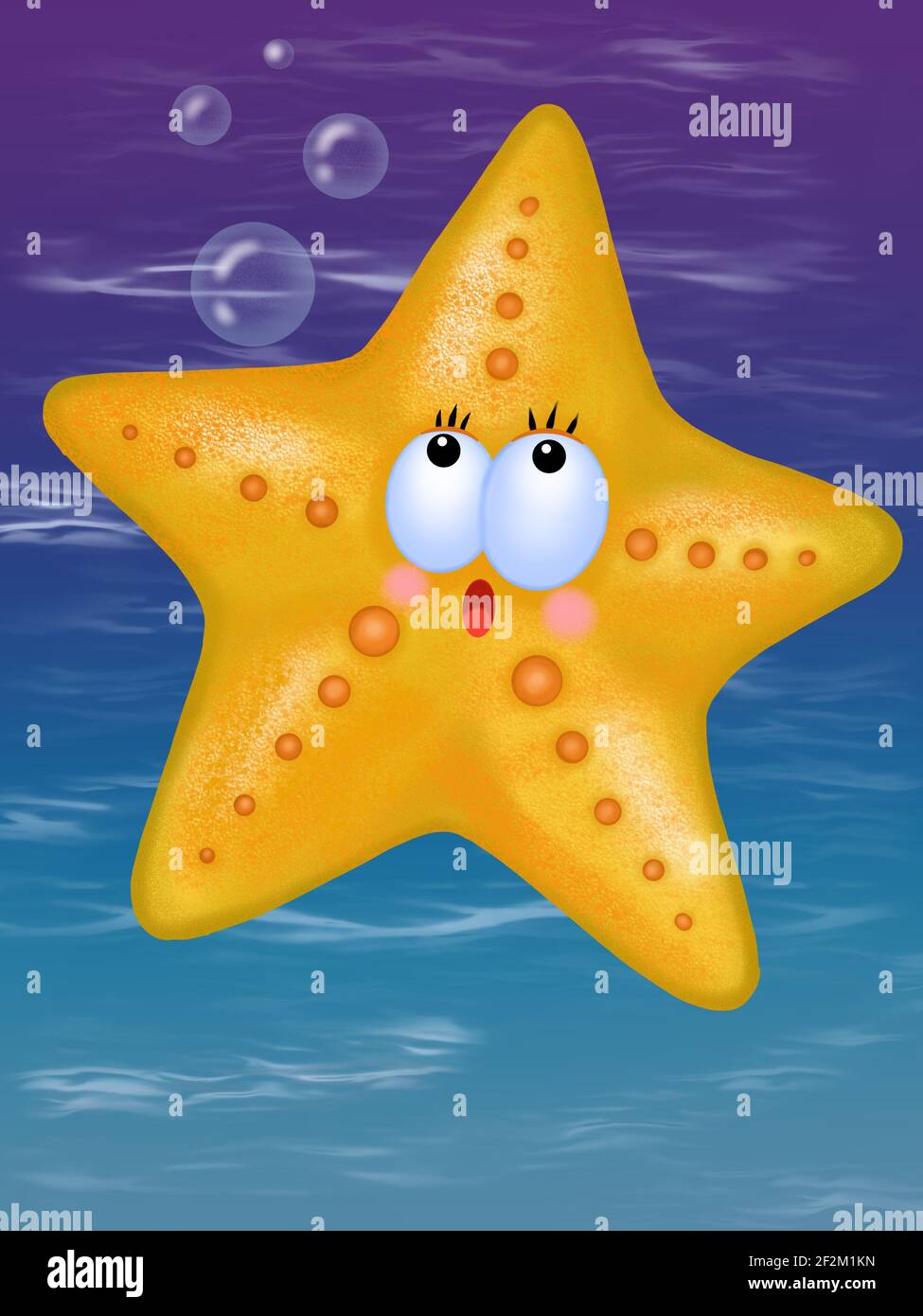 Un giallo allegro stella marina con gli occhi nuota nell'oceano su sfondo blu Foto Stock