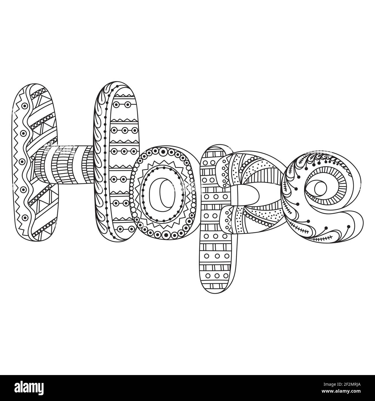 Disegno artistico dipinto a mano. Pagina di colorazione anti-stress per adulti. Bianco e nero disegnata a mano parola di illustrazione HOPE per colorare libro, per anti stress, T - sh Illustrazione Vettoriale