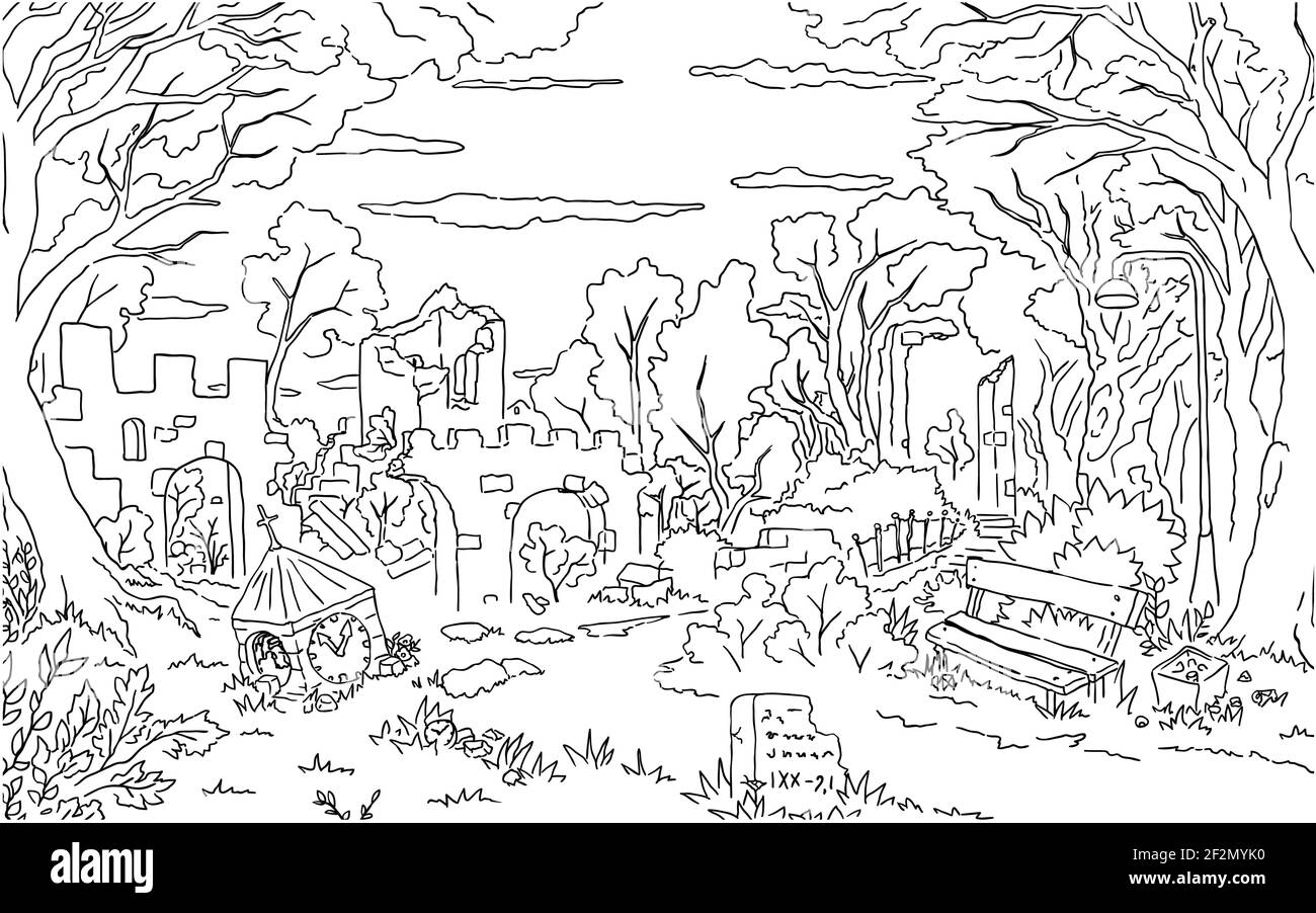 Parco vecchie rovine scena linea disegno sfondo, vettore, orizzontale, bianco e nero Illustrazione Vettoriale