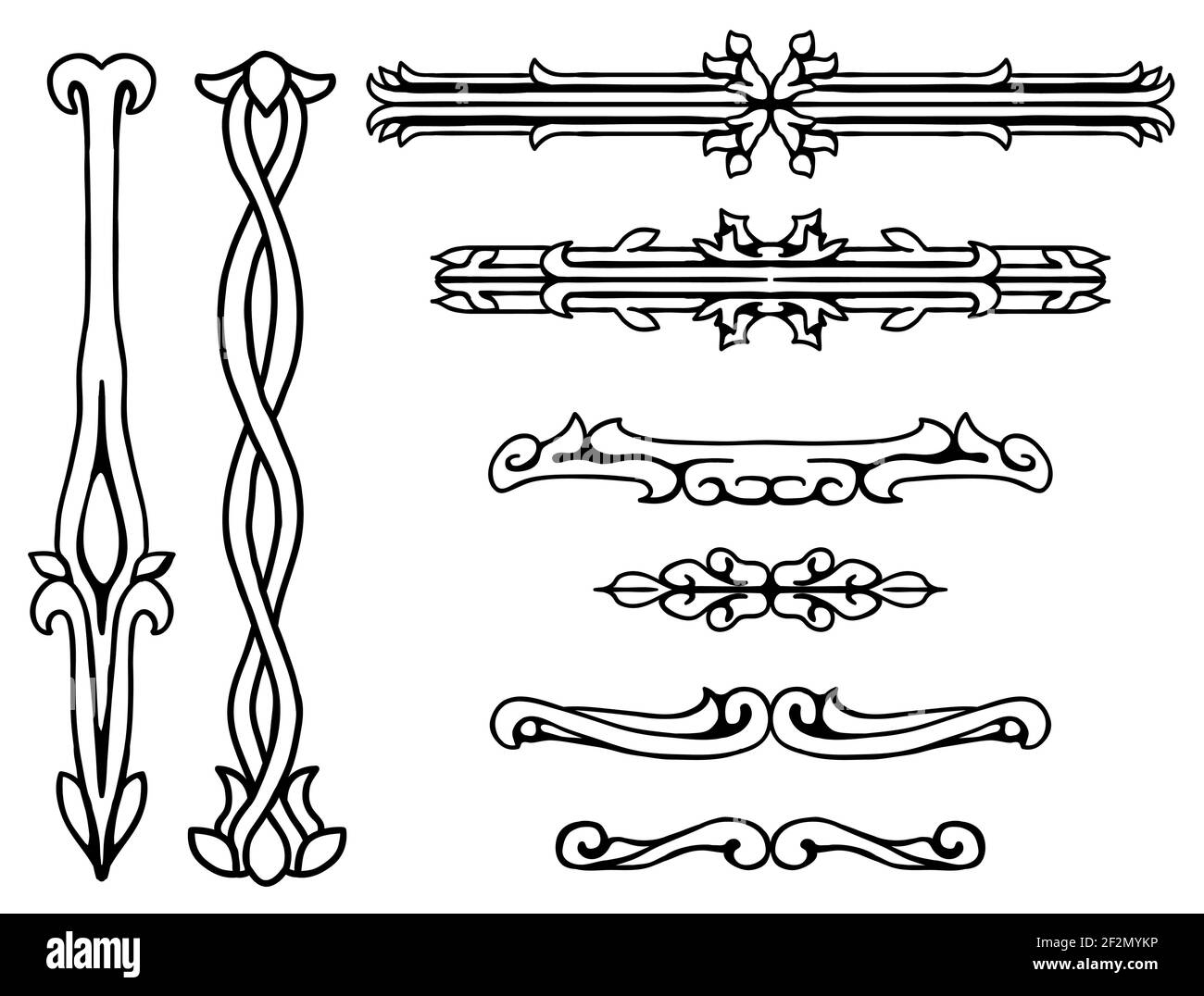 Elementi decorativi della barra di collegamento in inchiostro nero decorativo, illustrazione vettoriale, orizzontale, isolato Illustrazione Vettoriale