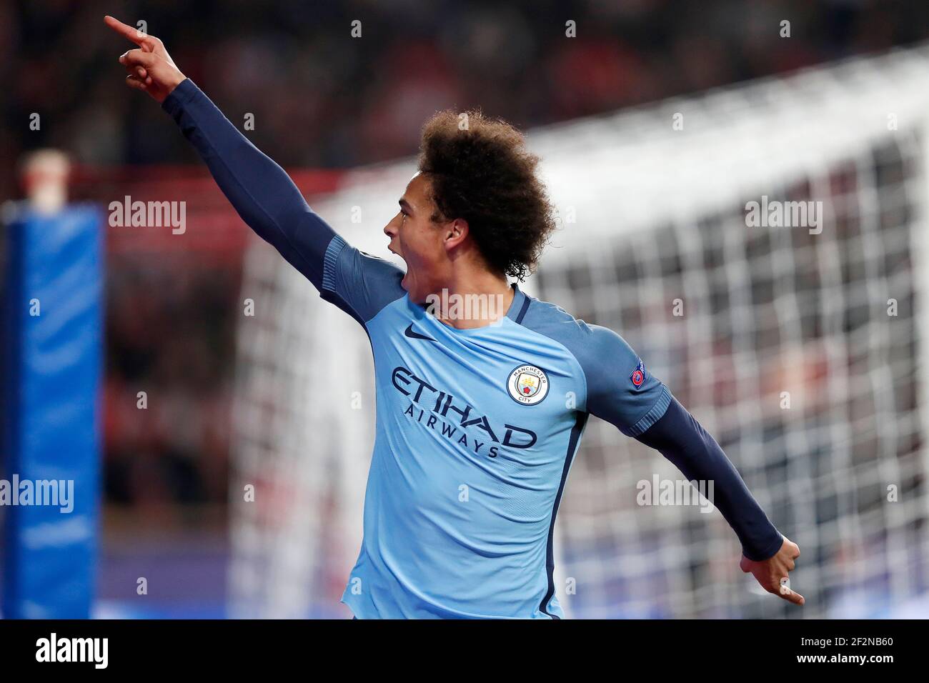 Leroy Sane, centrocampista tedesco di Manchester City, festeggia dopo aver segnato la partita di calcio della UEFA Champions League tra MONACO E Manchester City il 15 marzo 2017 allo stadio Louis II di Monaco - Photo Benjamin Cremel / DPPI Foto Stock