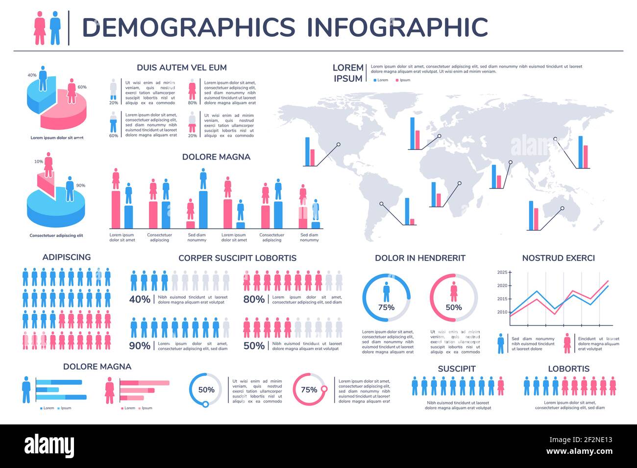 Infografica sulla popolazione. Statistica percentuale mondiale di donne e uomini. Grafici, grafici ed elementi del diagramma. Informazioni sui vettori demografici umani Illustrazione Vettoriale