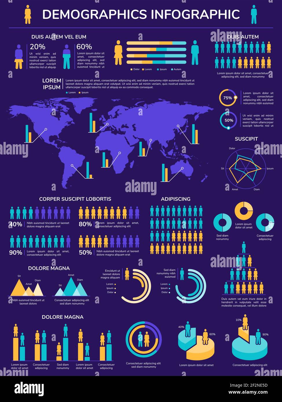 Infografica sui dati demografici. Analisi dei dati di crescita della popolazione con icone di persone, mappa del mondo, grafici e grafici. Opuscolo vettoriale statistico dell'umanità Illustrazione Vettoriale