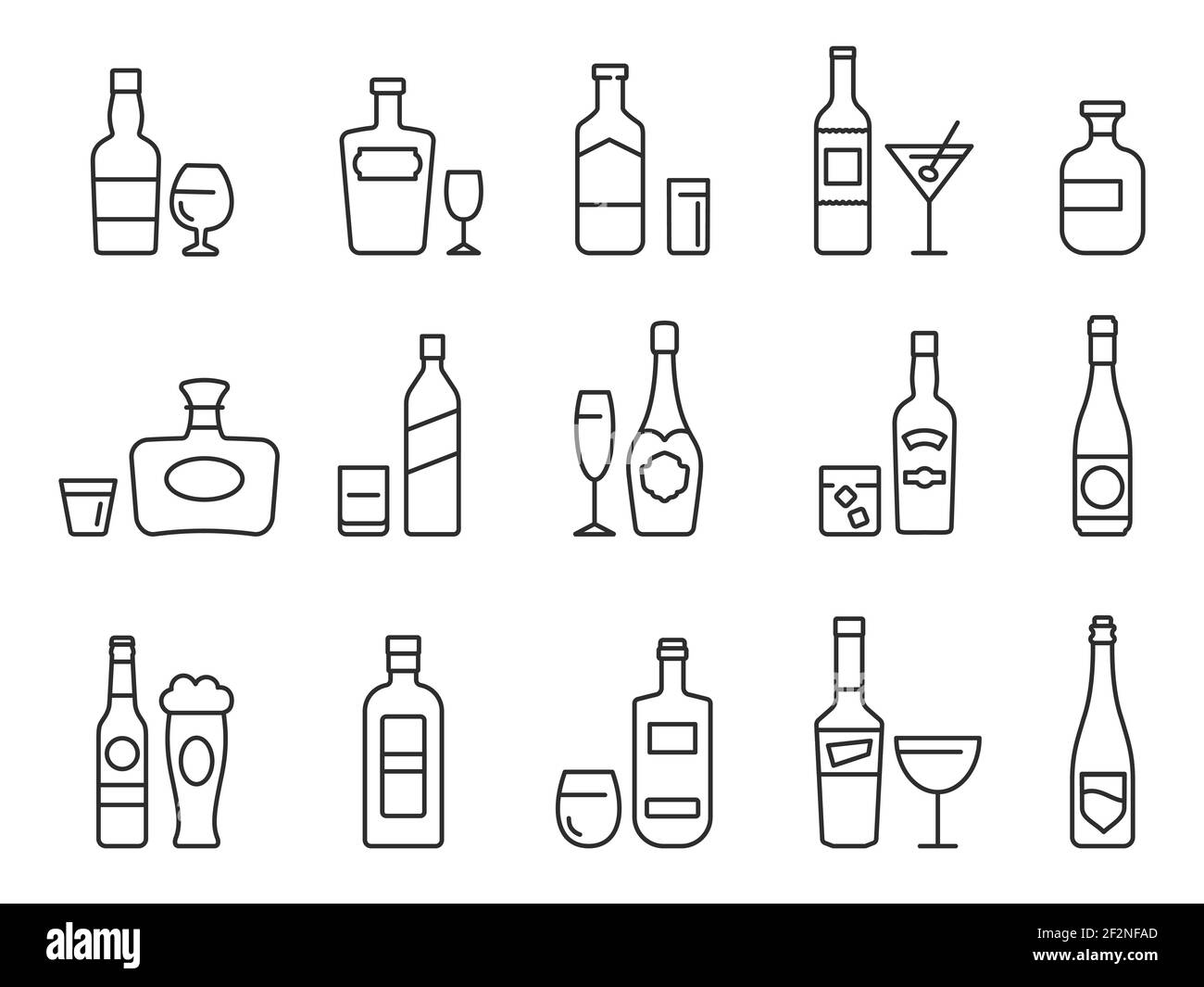 Icone della linea bevande alcoliche. Bottiglie e bicchieri con birra, vino e cocktail da bar. Simboli del menu del pub per il set di vettori di bevande alcoliche Illustrazione Vettoriale
