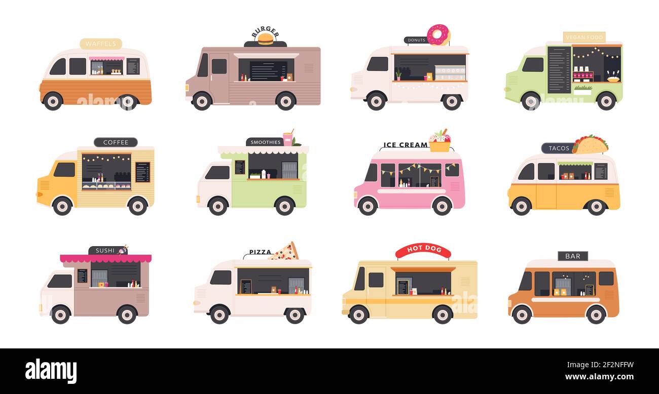 Carrelli per alimenti. Furgoni che vendono fast food di strada, pizza, hamburger, caffè, ciambelle e gelati. Ristorante su ruote festival piatto vettore set Illustrazione Vettoriale