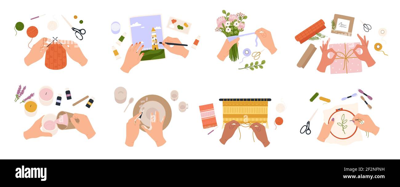 Le mani creano artigianato. Hobby fatti a mano, lavoro creativo e arte. Persone a maglia, disegnare, ricamo, fare candele e bouquet, top view vettoriale set Illustrazione Vettoriale