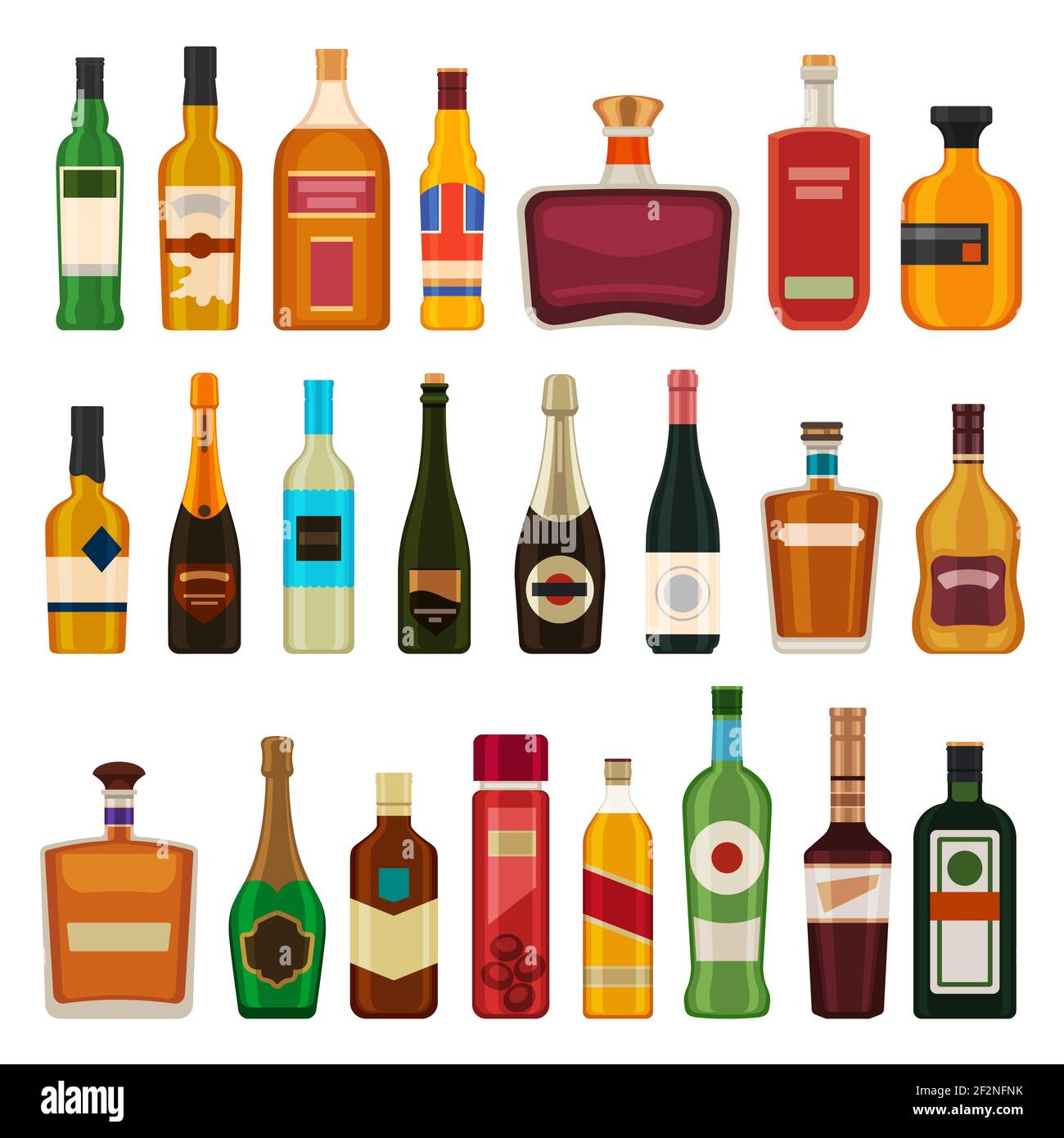 Bevande alcoliche in bottiglia. Whiskey piatto, liquore, birra in bottiglia di vetro. Cartoon bar cocktail bevande, rum, vino e vodka. Impostazione vettore booze Illustrazione Vettoriale