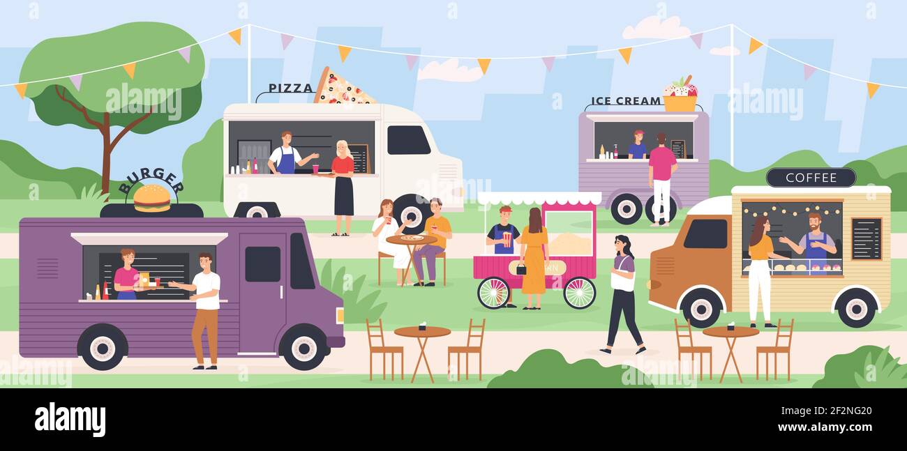 Festival Street food. La gente mangia alla fiera estiva del camion all'aperto con fast food, pizza e gelato van, popcorn cart. Evento di parcheggio vettoriale piatto Illustrazione Vettoriale