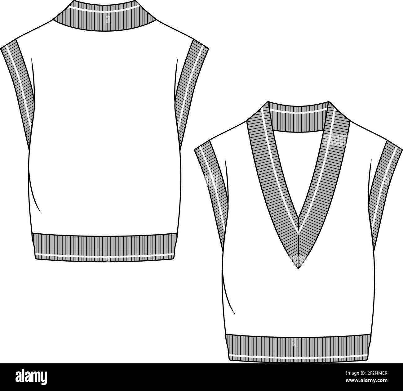 Modello di sketch piatto donna Sweater Vest moda. Illustrazione tecnica della moda. Collo a V basso, dettaglio costolatura a contrasto Illustrazione Vettoriale