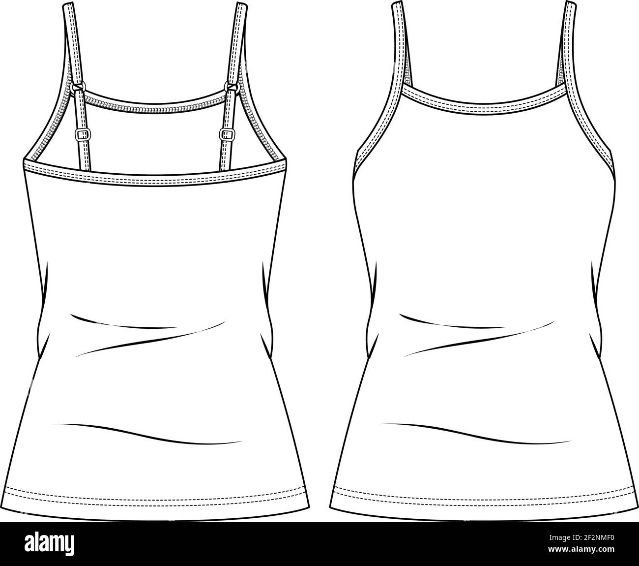 Donna Strappy Tank Top moda modello di schizzo piatto. Illustrazione tecnica della moda delle ragazze. Cinghie regolabili Illustrazione Vettoriale