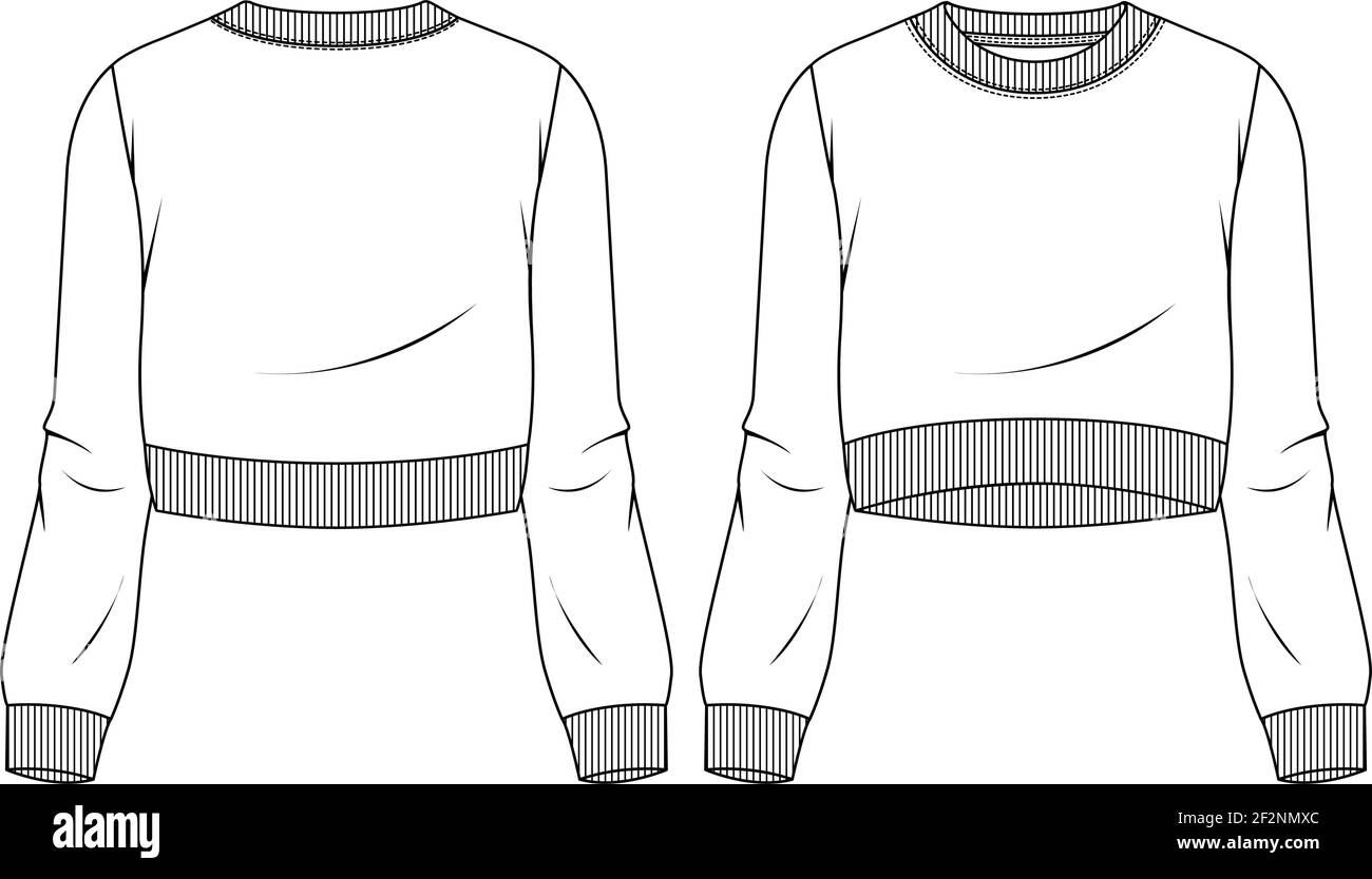 Ragazza Crop Sweatshirt moda modello di schizzo piatto. Illustrazione tecnica della moda. Collo a cordoncino, bracciali e fascia. Illustrazione Vettoriale