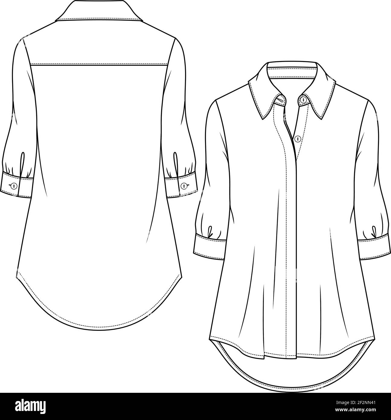 Modello di moda piatta blusa da donna. Illustrazione tecnica della moda. Maglia tonica femminile. Placchetta nascosta Illustrazione Vettoriale